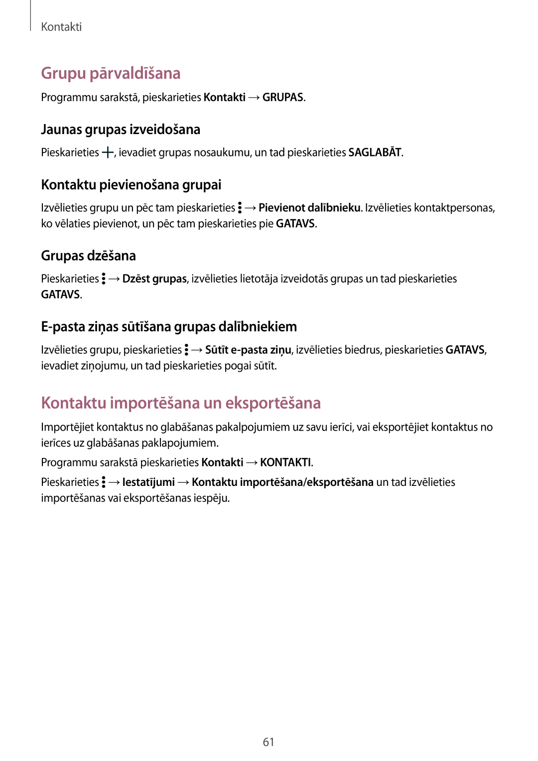 Samsung SM-T800NZWASEB, SM-T800NTSASEB, SM-T800NHAASEB manual Grupu pārvaldīšana, Kontaktu importēšana un eksportēšana 