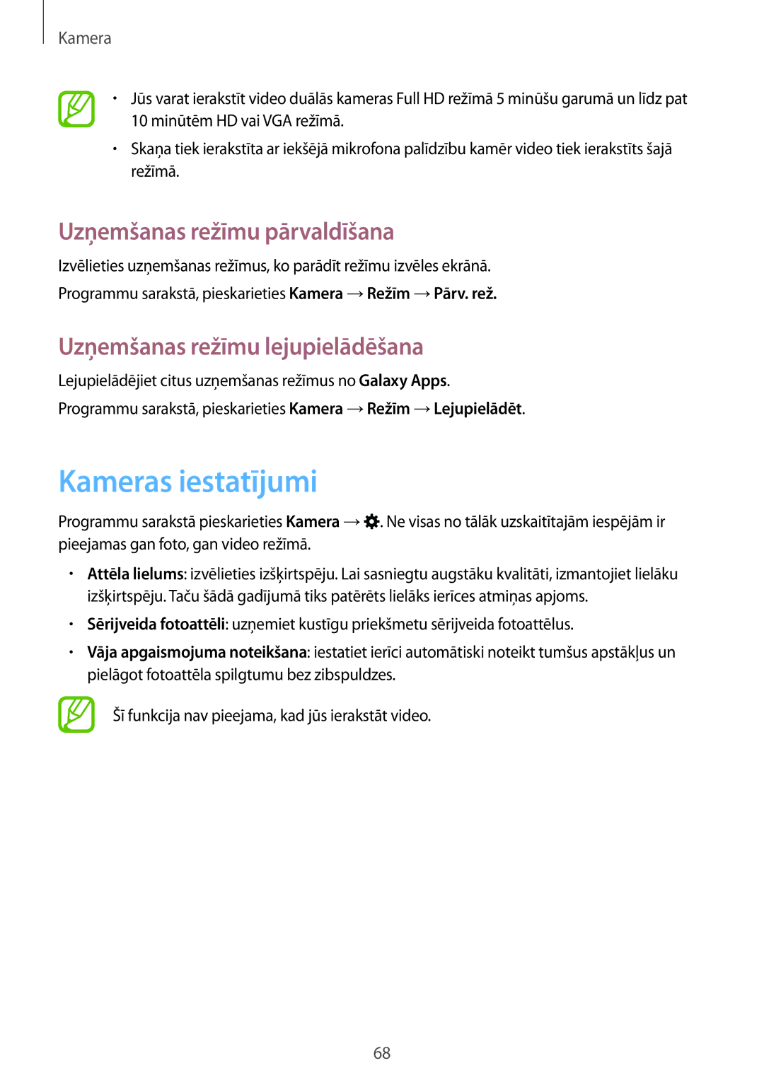 Samsung SM-T800NHAASEB manual Kameras iestatījumi, Uzņemšanas režīmu pārvaldīšana, Uzņemšanas režīmu lejupielādēšana 