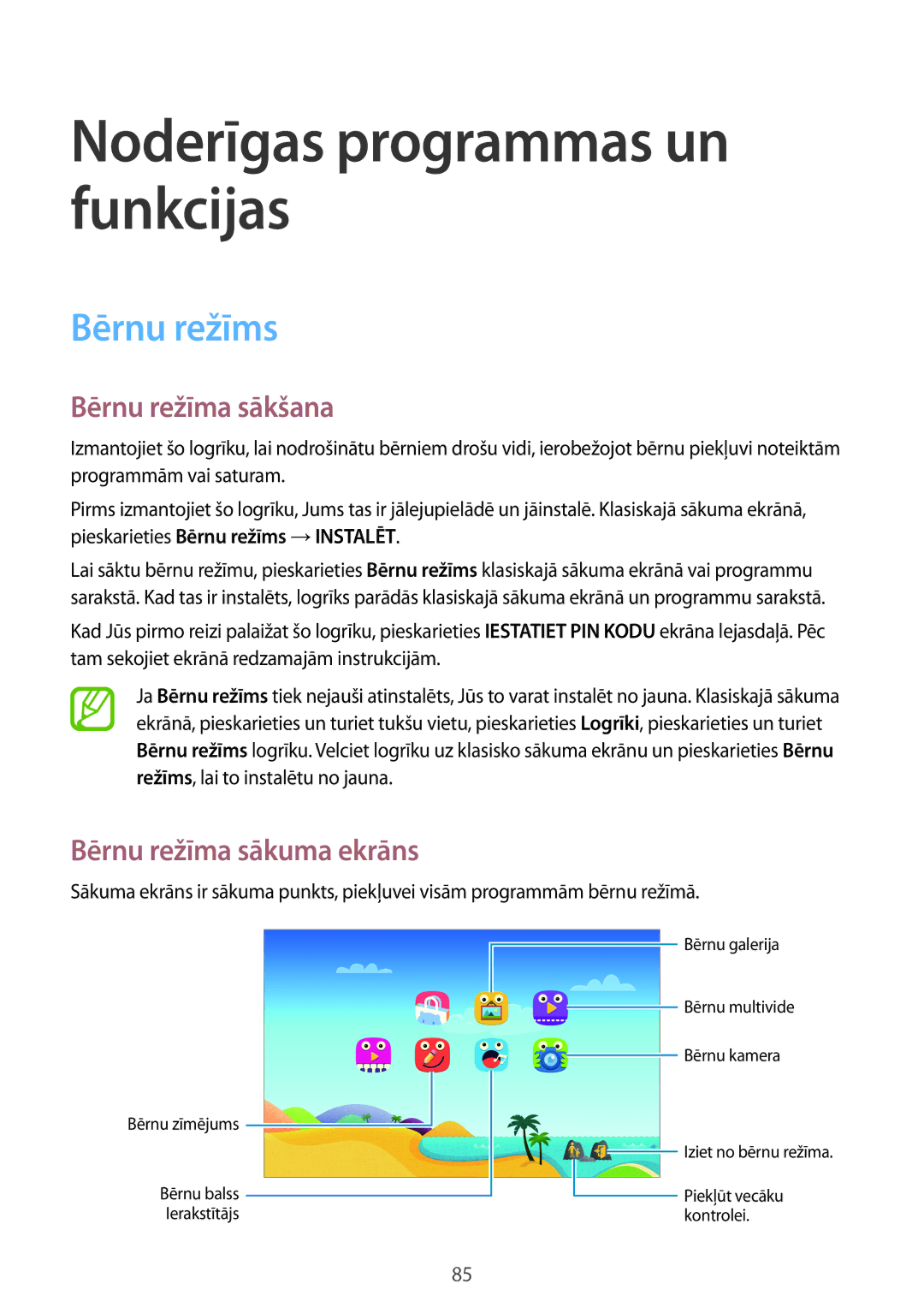 Samsung SM-T800NZWASEB, SM-T800NTSASEB, SM-T800NHAASEB manual Bērnu režīms, Bērnu režīma sākšana, Bērnu režīma sākuma ekrāns 