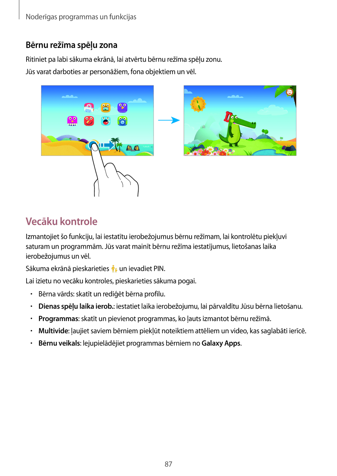 Samsung SM-T800NTSASEB, SM-T800NZWASEB, SM-T800NHAASEB manual Vecāku kontrole, Bērnu režīma spēļu zona 