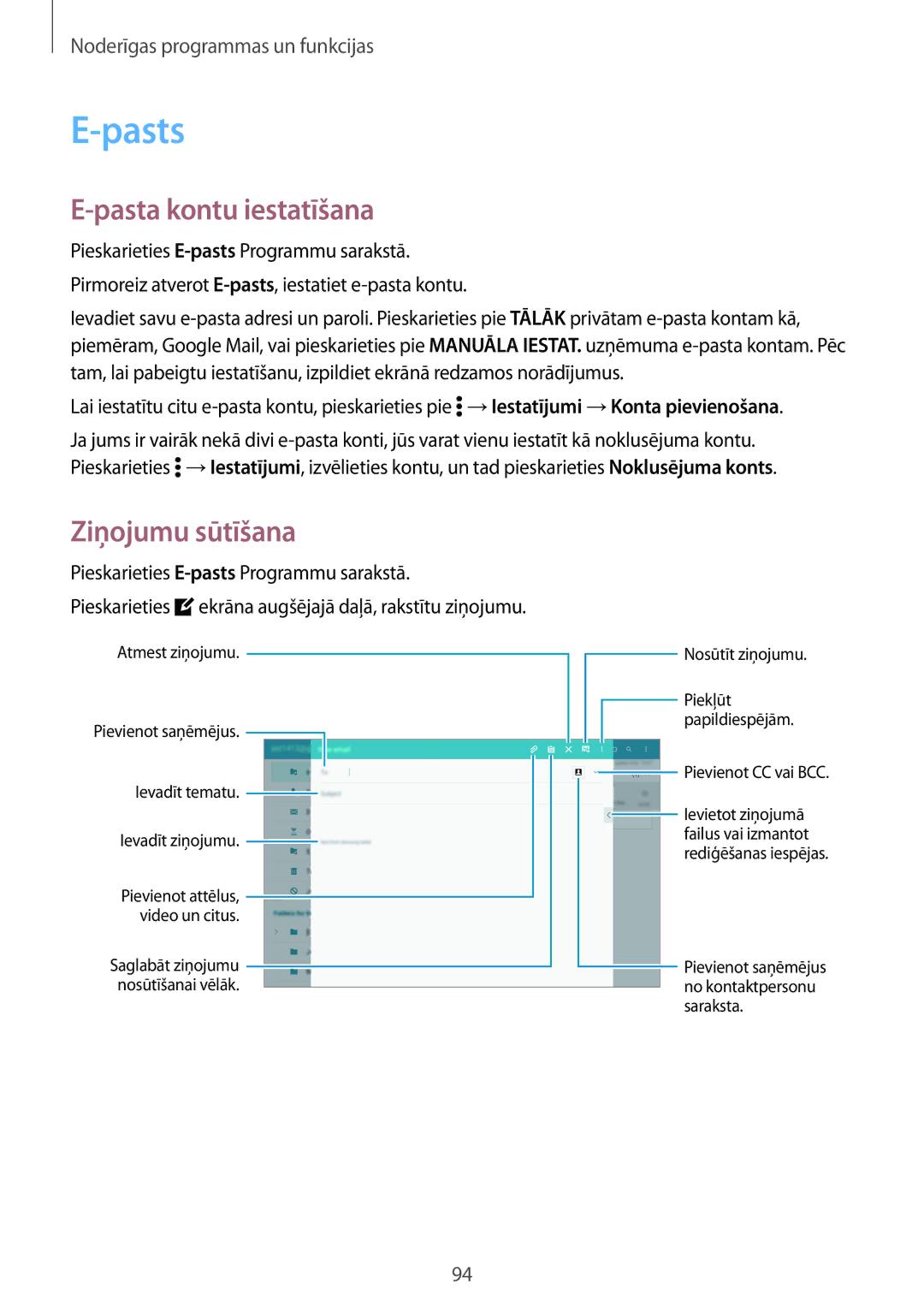 Samsung SM-T800NZWASEB manual Pasts, Pasta kontu iestatīšana, Ziņojumu sūtīšana, Pieskarieties E-pastsProgrammu sarakstā 