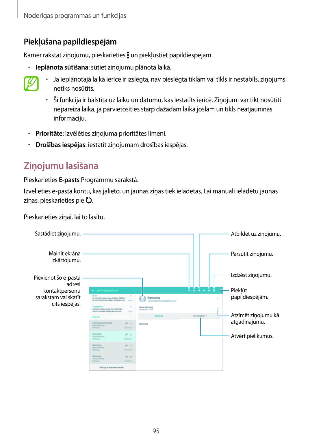 Samsung SM-T800NHAASEB, SM-T800NTSASEB, SM-T800NZWASEB manual Ziņojumu lasīšana, Piekļūšana papildiespējām 