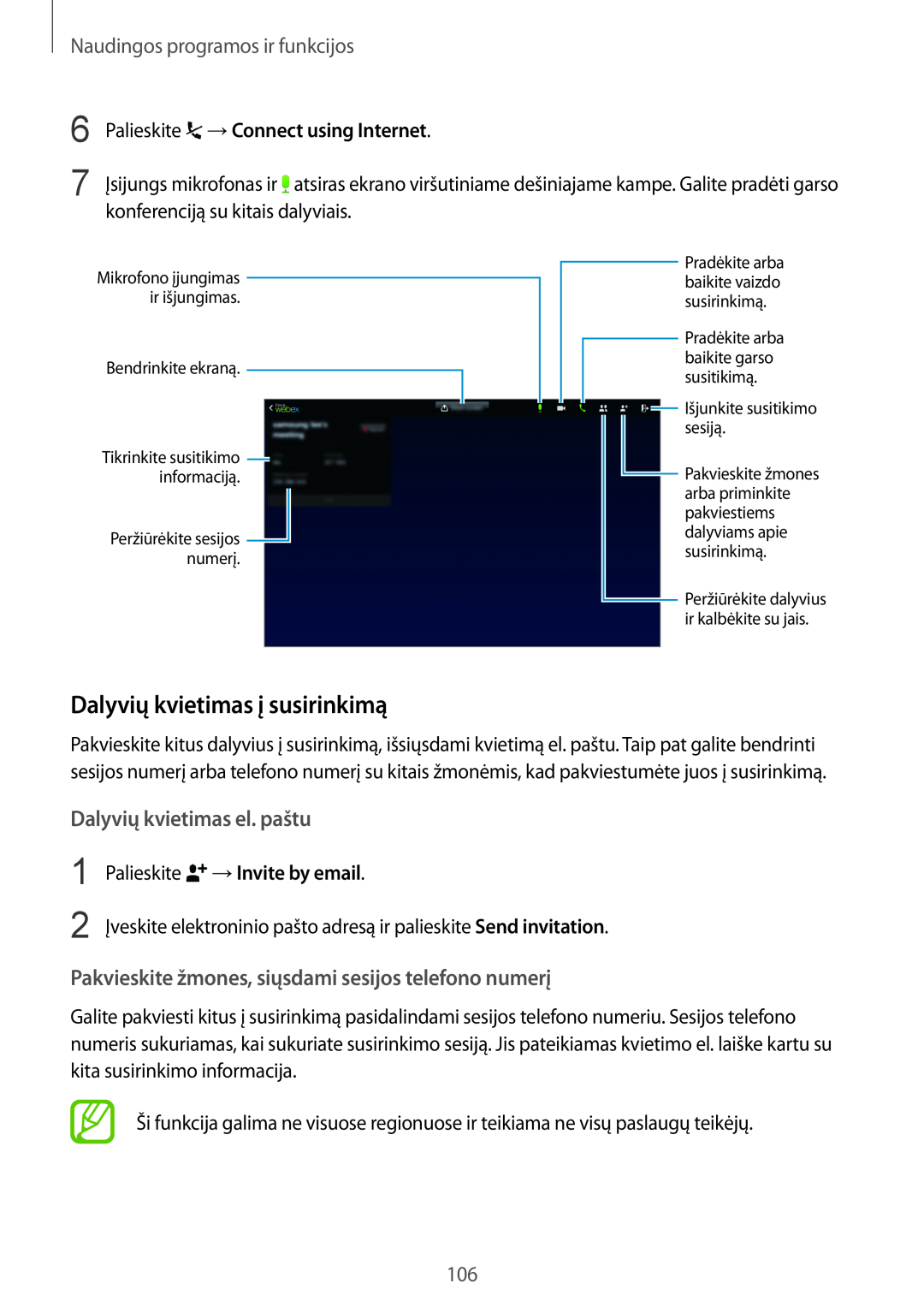 Samsung SM-T800NZWASEB Dalyvių kvietimas į susirinkimą, Dalyvių kvietimas el. paštu, Palieskite →Connect using Internet 