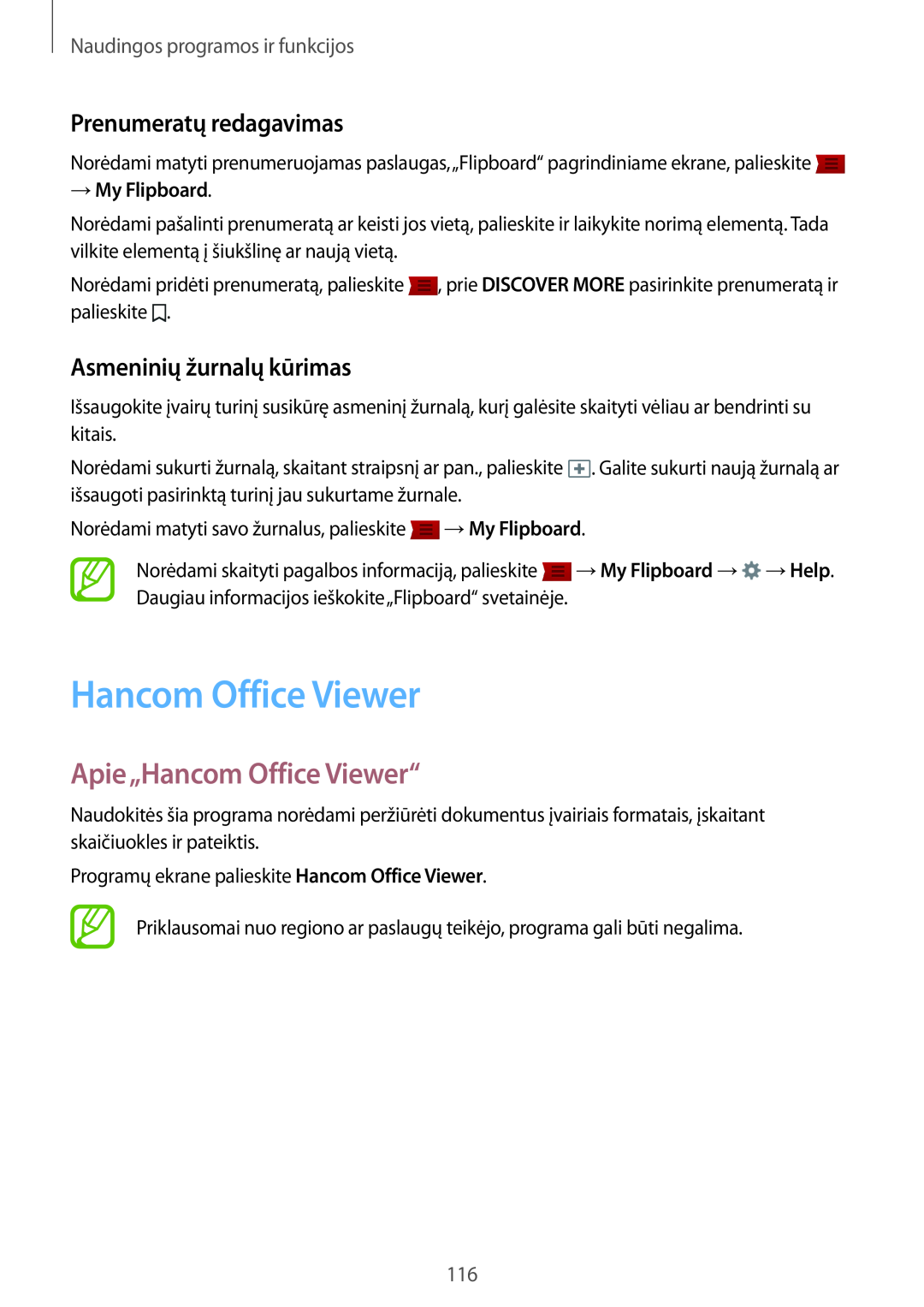 Samsung SM-T800NHAASEB Apie„Hancom Office Viewer“, Prenumeratų redagavimas, Asmeninių žurnalų kūrimas, → My Flipboard 