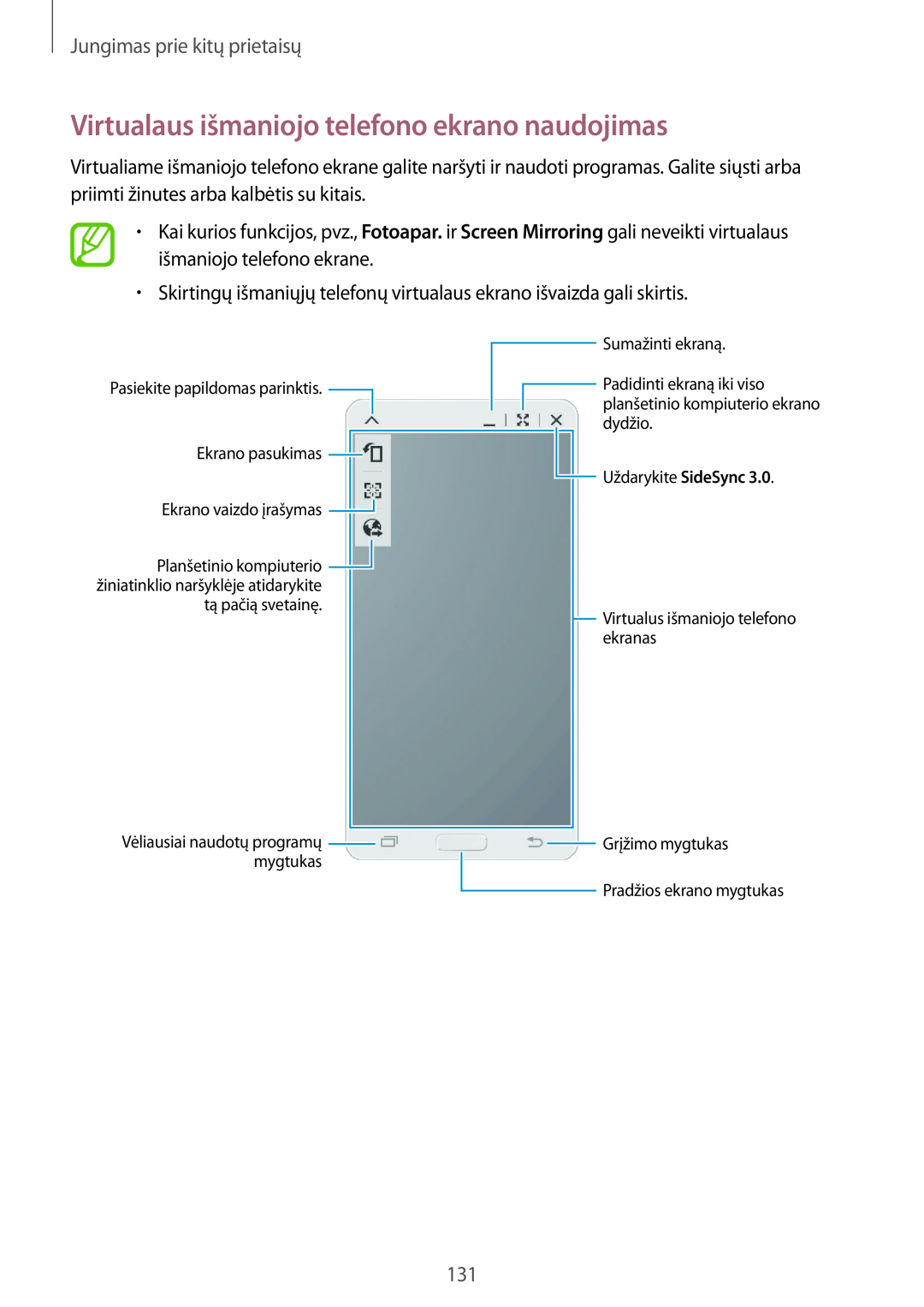 Samsung SM-T800NHAASEB, SM-T800NTSASEB manual Virtualaus išmaniojo telefono ekrano naudojimas, Jungimas prie kitų prietaisų 