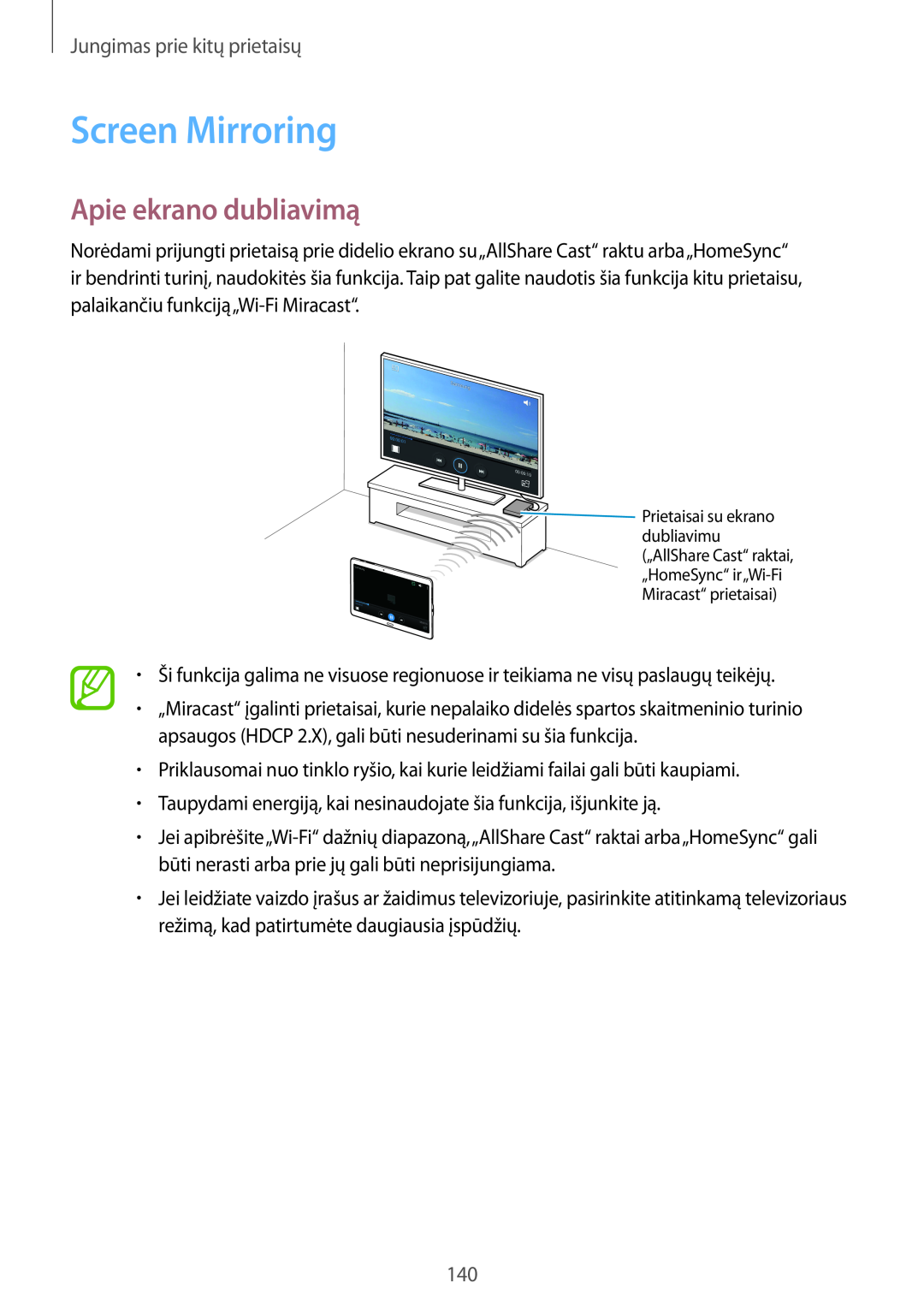 Samsung SM-T800NHAASEB, SM-T800NTSASEB manual Screen Mirroring, Apie ekrano dubliavimą, Jungimas prie kitų prietaisų 