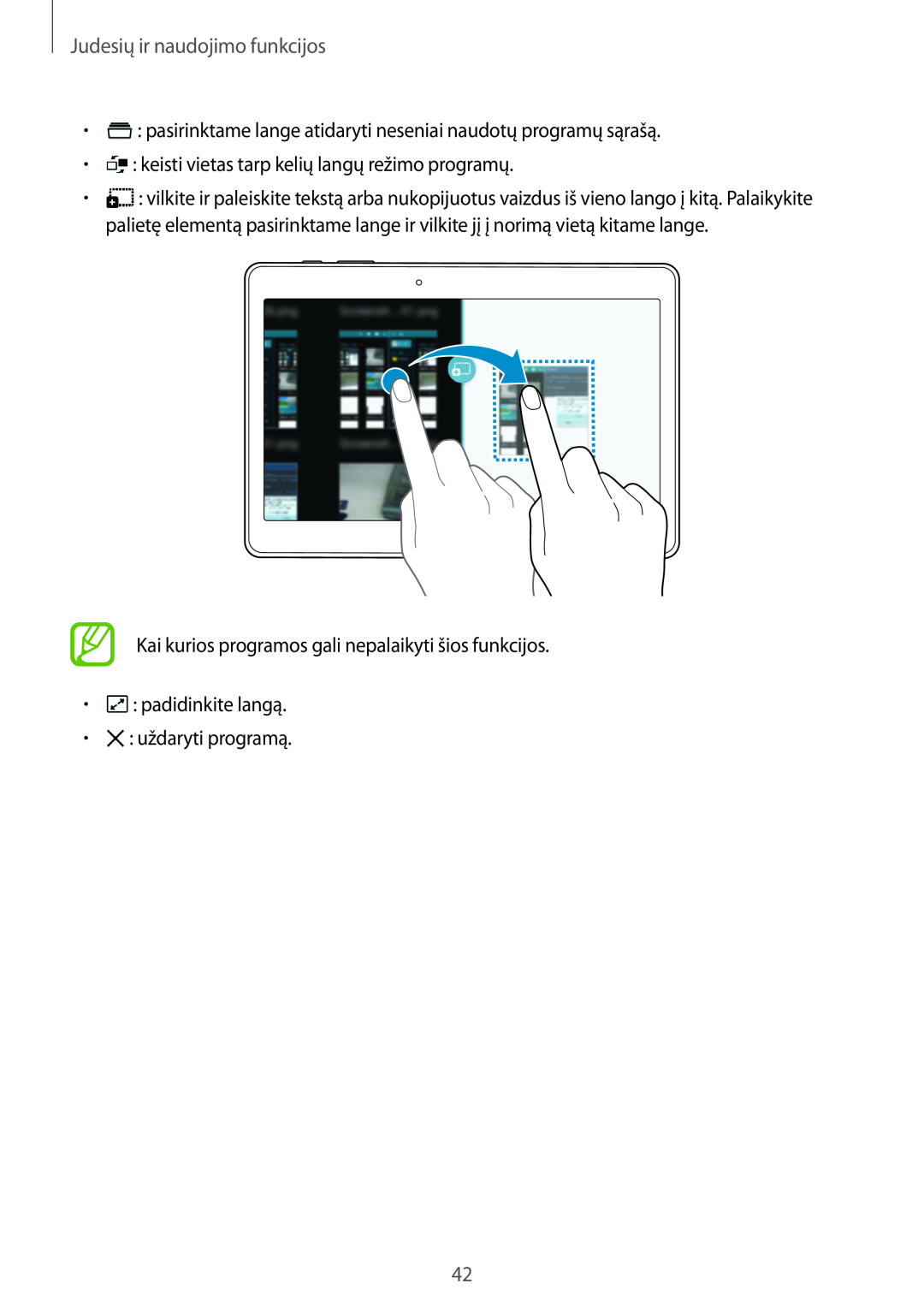 Samsung SM-T800NTSASEB manual Judesių ir naudojimo funkcijos, pasirinktame lange atidaryti neseniai naudotų programų sąrašą 