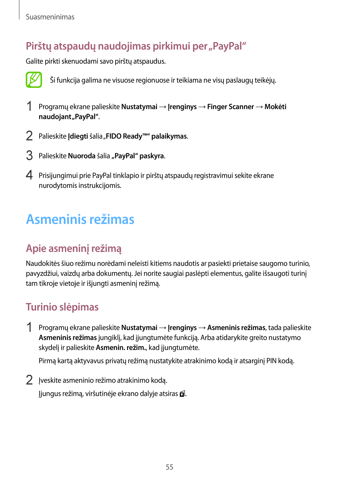 Samsung SM-T800NZWASEB manual Asmeninis režimas, Pirštų atspaudų naudojimas pirkimui per„PayPal“, Apie asmeninį režimą 