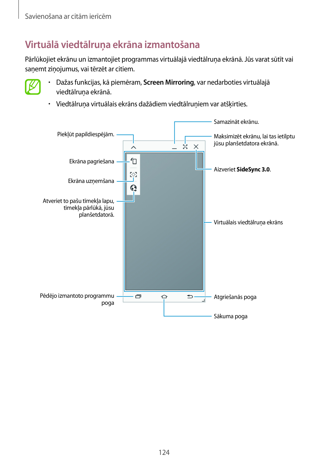 Samsung SM-T800NZWASEB, SM-T800NTSASEB manual Virtuālā viedtālruņa ekrāna izmantošana, Savienošana ar citām ierīcēm 