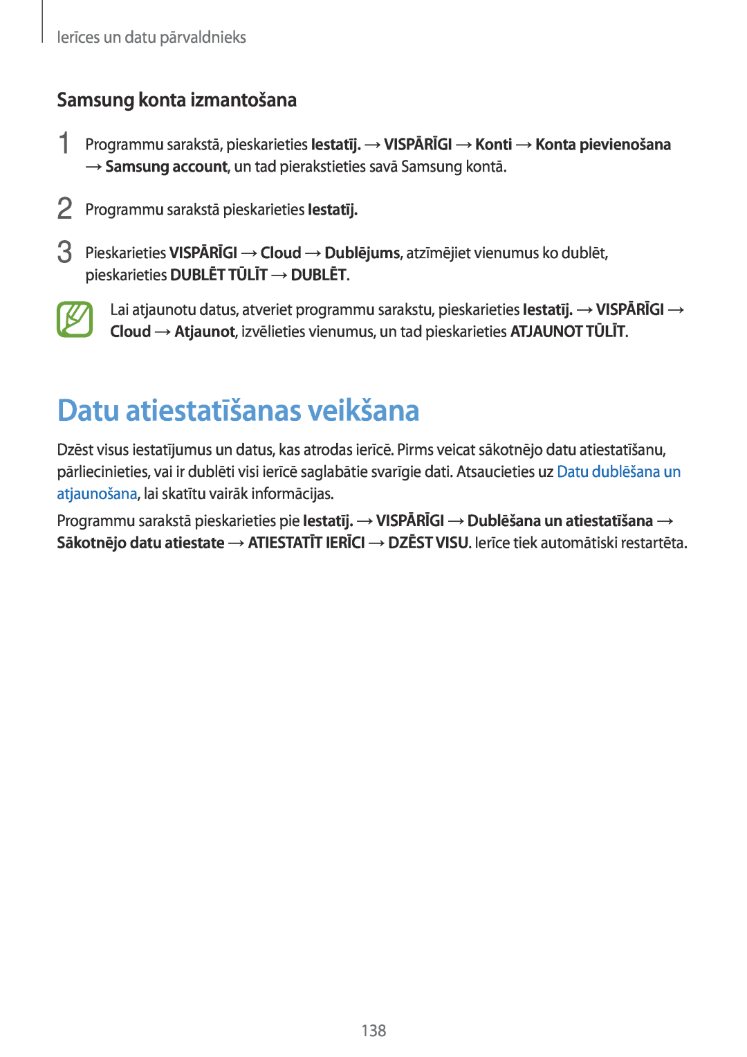 Samsung SM-T800NTSASEB manual Datu atiestatīšanas veikšana, Samsung konta izmantošana, Ierīces un datu pārvaldnieks 