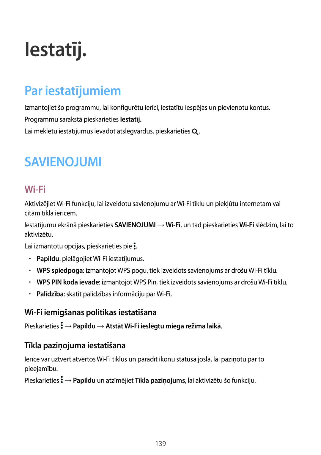 Samsung SM-T800NZWASEB manual Iestatīj, Par iestatījumiem, Savienojumi, Wi-Fi iemigšanas politikas iestatīšana 