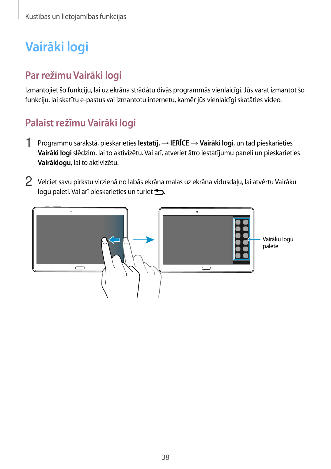 Samsung SM-T800NHAASEB manual Par režīmu Vairāki logi, Palaist režīmu Vairāki logi, Kustības un lietojamības funkcijas 