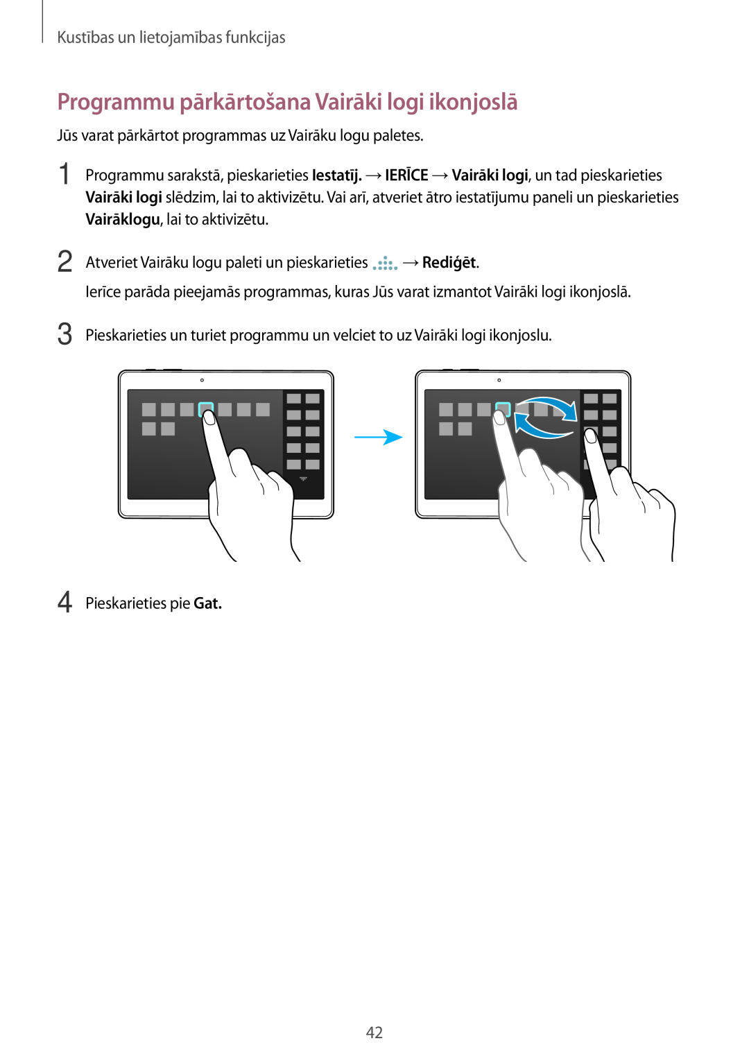 Samsung SM-T800NTSASEB, SM-T800NZWASEB Programmu pārkārtošana Vairāki logi ikonjoslā, Kustības un lietojamības funkcijas 