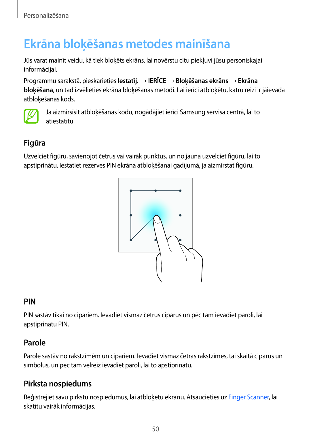 Samsung SM-T800NHAASEB manual Ekrāna bloķēšanas metodes mainīšana, Figūra, Parole, Pirksta nospiedums, Personalizēšana 