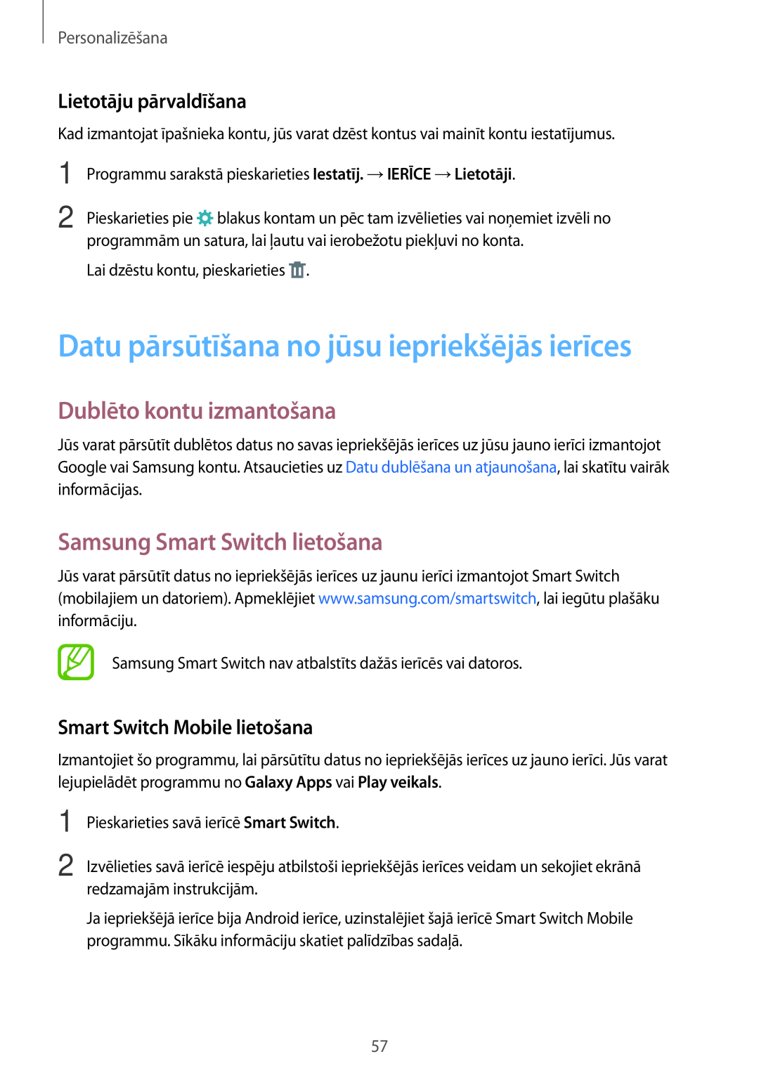 Samsung SM-T800NTSASEB Datu pārsūtīšana no jūsu iepriekšējās ierīces, Dublēto kontu izmantošana, Lietotāju pārvaldīšana 
