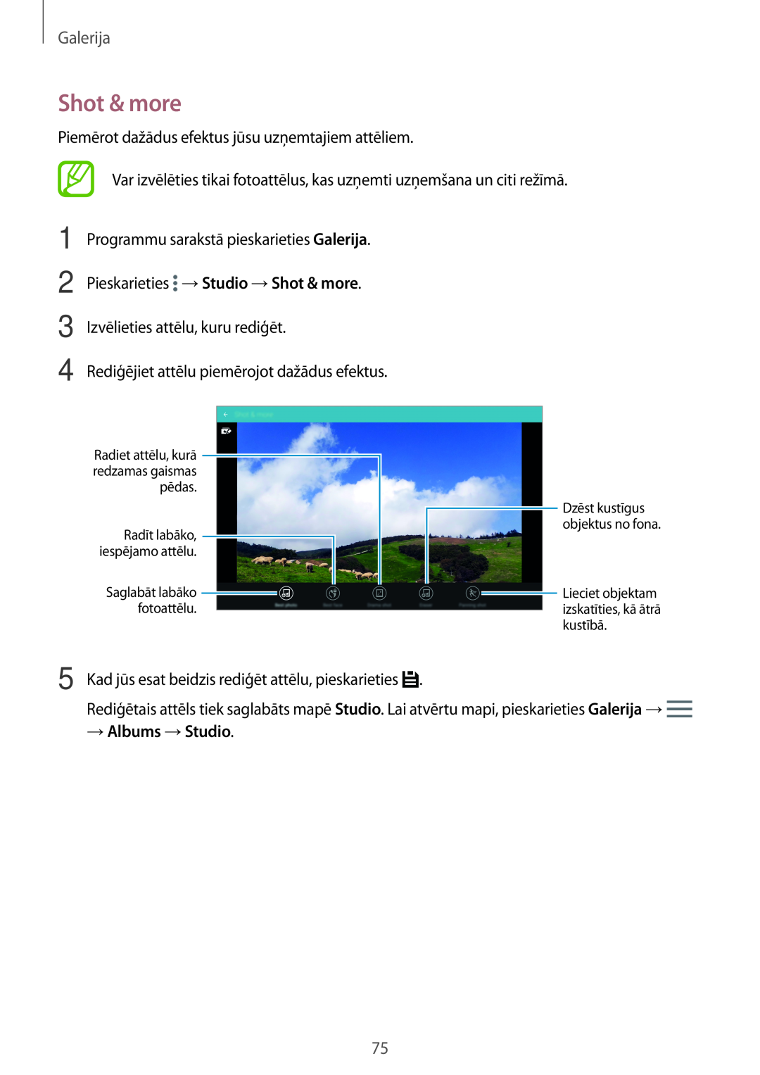 Samsung SM-T800NTSASEB manual Pieskarieties →Studio →Shot & more, Galerija, → Albums →Studio, Saglabāt labāko fotoattēlu 