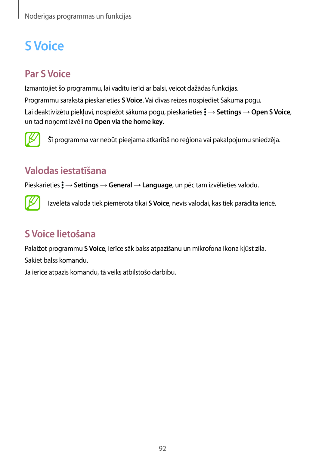 Samsung SM-T800NHAASEB manual Par S Voice, Valodas iestatīšana, S Voice lietošana, Noderīgas programmas un funkcijas 