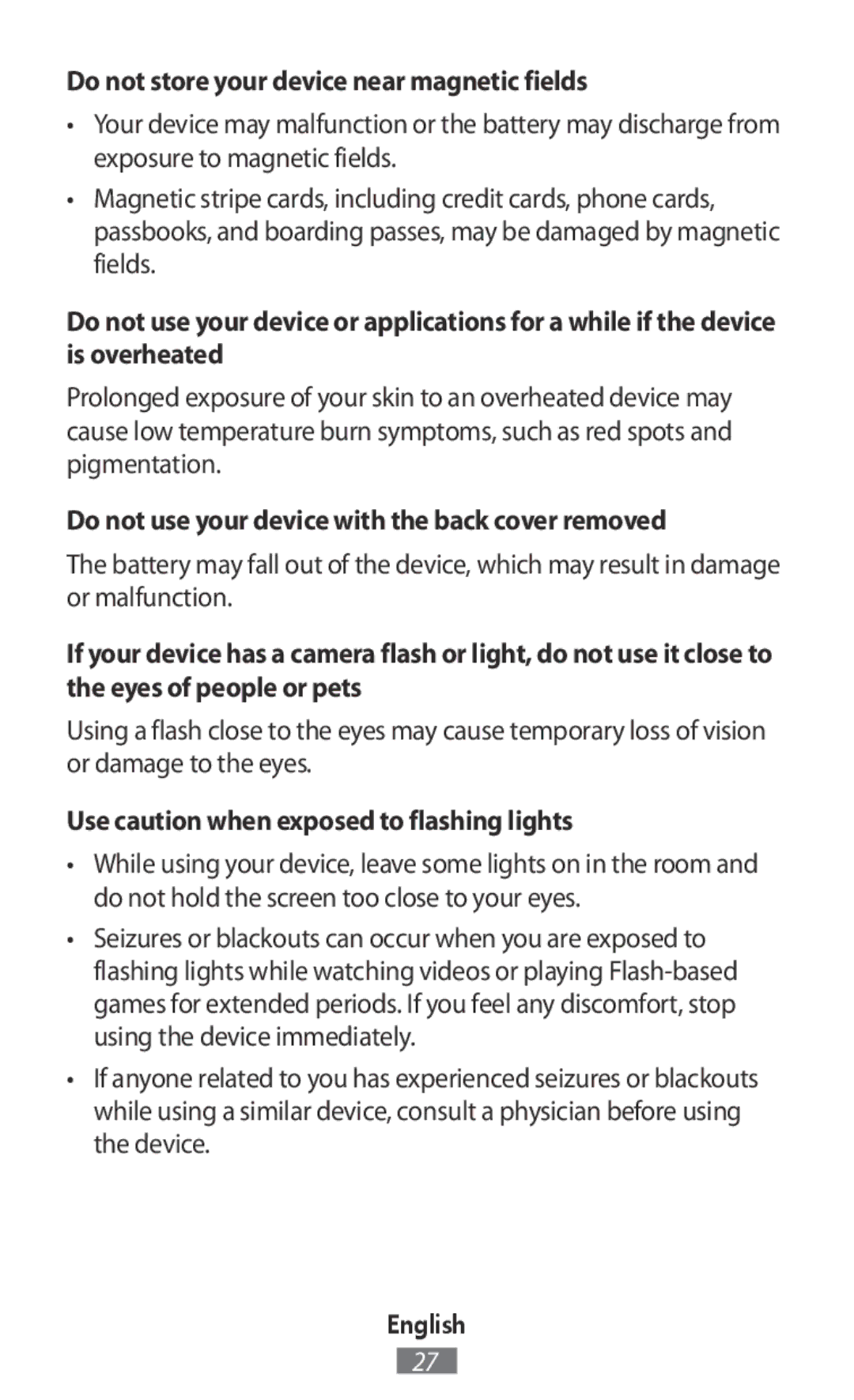 Samsung SM-T800NZWEXJP Do not store your device near magnetic fields, Do not use your device with the back cover removed 