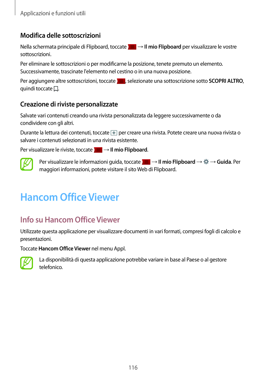 Samsung SM-T800NZWAXEO, SM-T800NZWADBT, SM-T800NZWATUR manual Info su Hancom Office Viewer, Modifica delle sottoscrizioni 