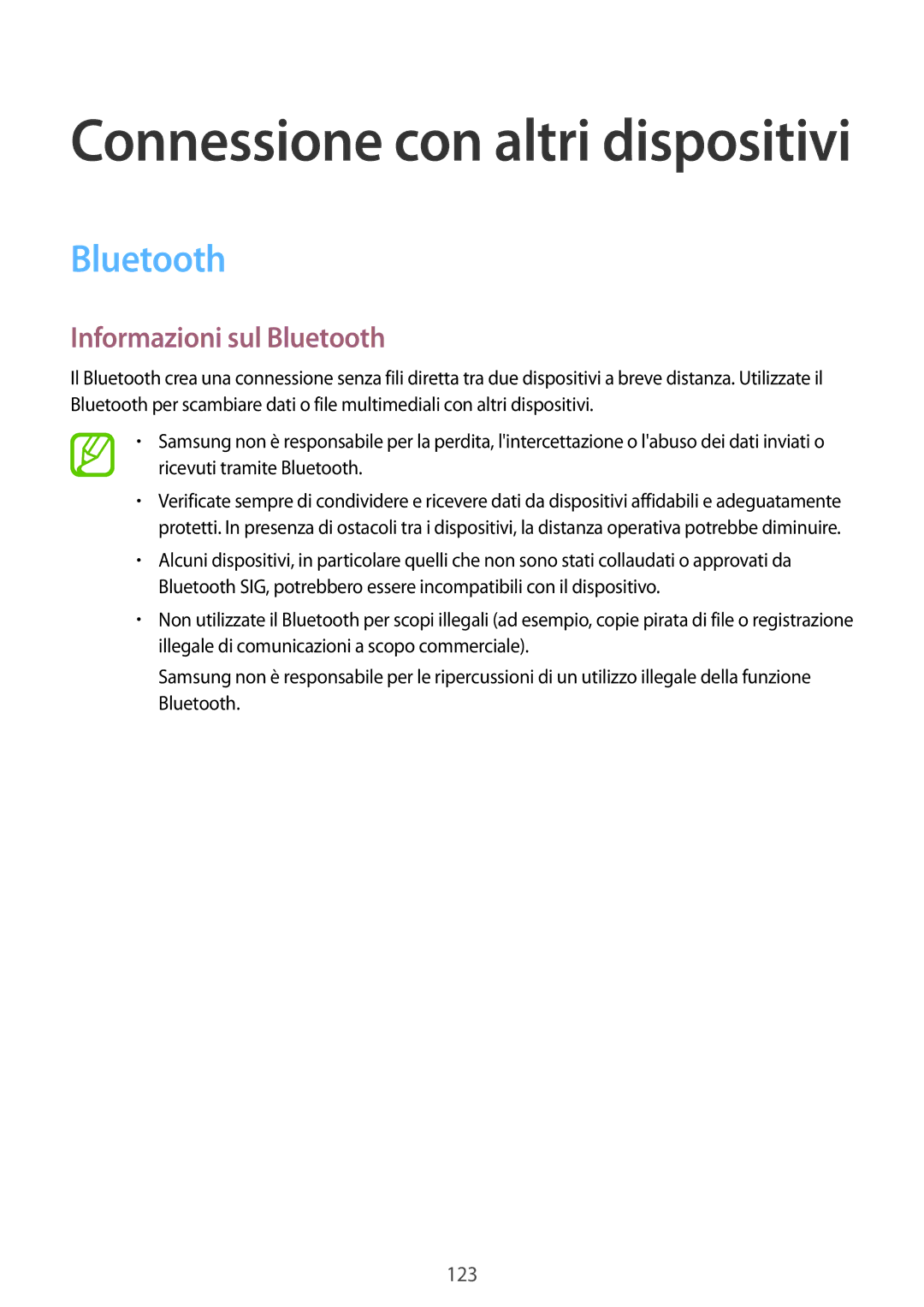 Samsung SM-T800NTSAITV, SM-T800NZWADBT, SM-T800NZWATUR, SM-T800NHAADBT, SM-T800NZWAXEO manual Informazioni sul Bluetooth 