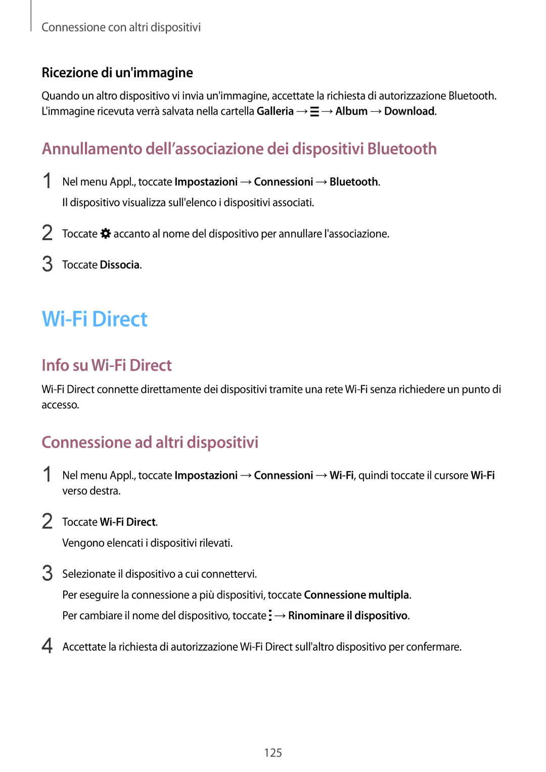 Samsung SM-T800NTSAAUT, SM-T800NZWADBT Annullamento dell’associazione dei dispositivi Bluetooth, Info su Wi-Fi Direct 