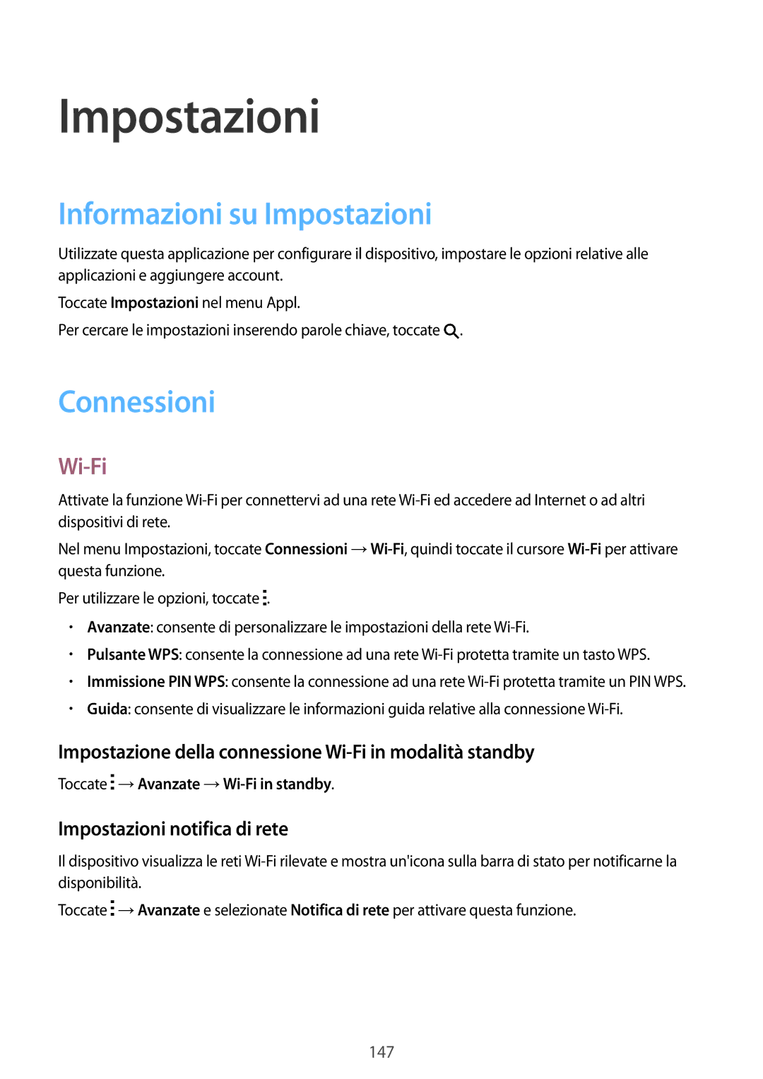 Samsung SM-T800NTSAITV, SM-T800NZWADBT, SM-T800NZWATUR, SM-T800NHAADBT Informazioni su Impostazioni, Connessioni, Wi-Fi 