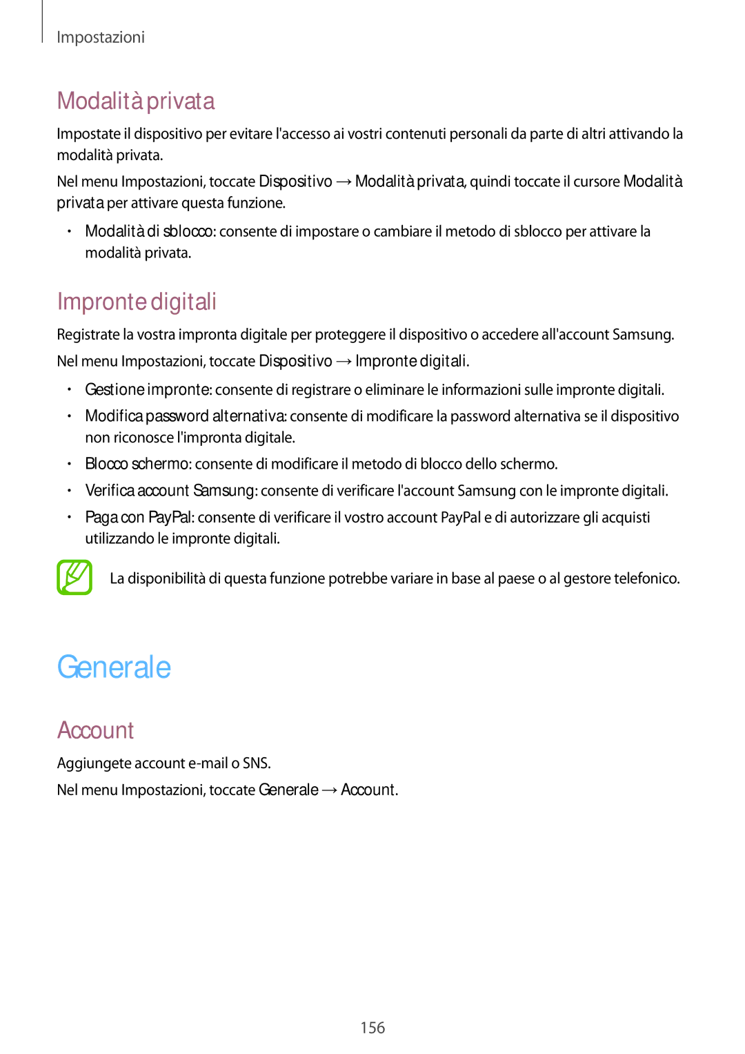 Samsung SM-T800NZWAXEO, SM-T800NZWADBT, SM-T800NZWATUR manual Generale, Modalità privata, Impronte digitali, Account 