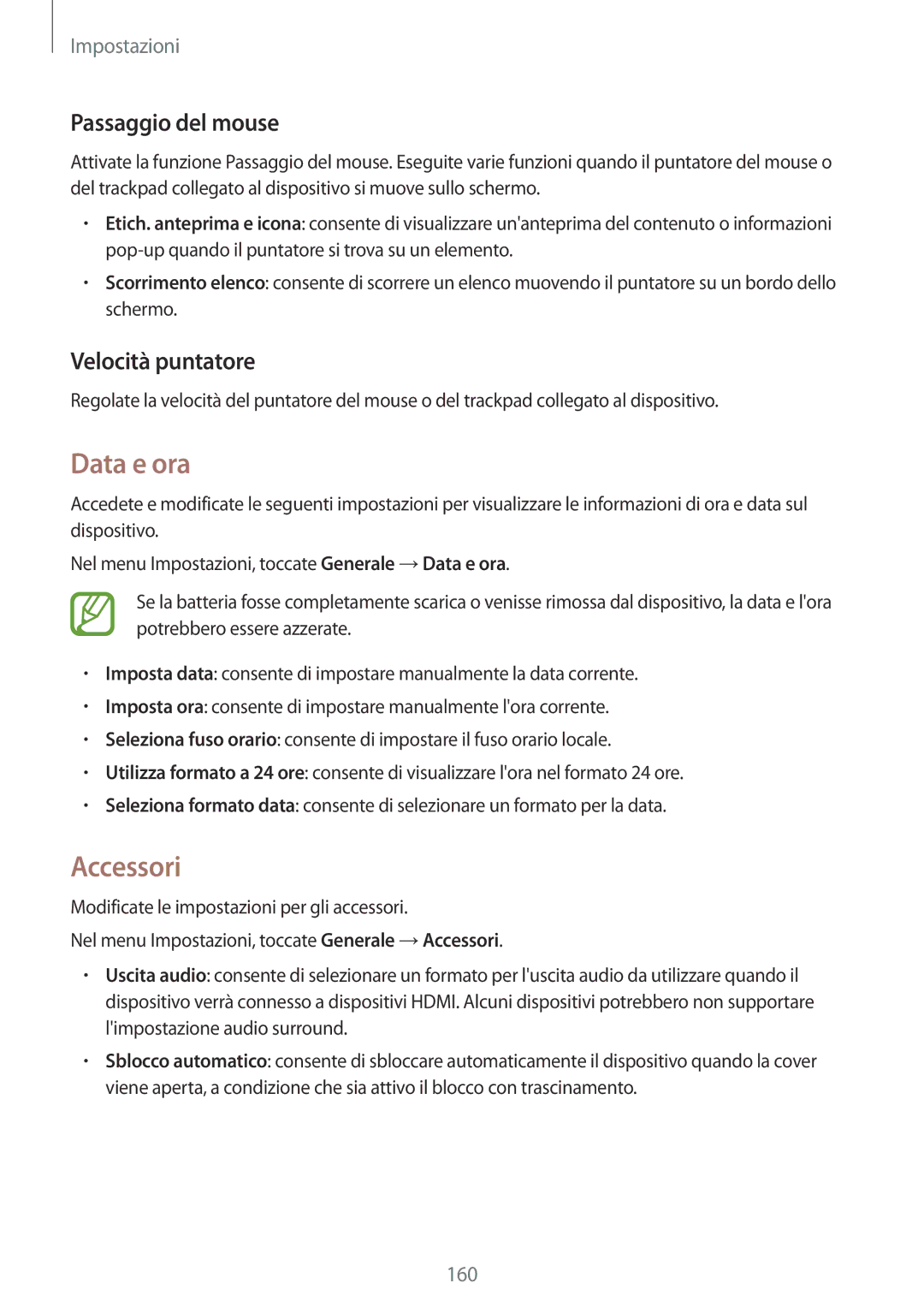 Samsung SM-T800NZWADBT, SM-T800NZWATUR, SM-T800NHAADBT manual Data e ora, Accessori, Passaggio del mouse, Velocità puntatore 