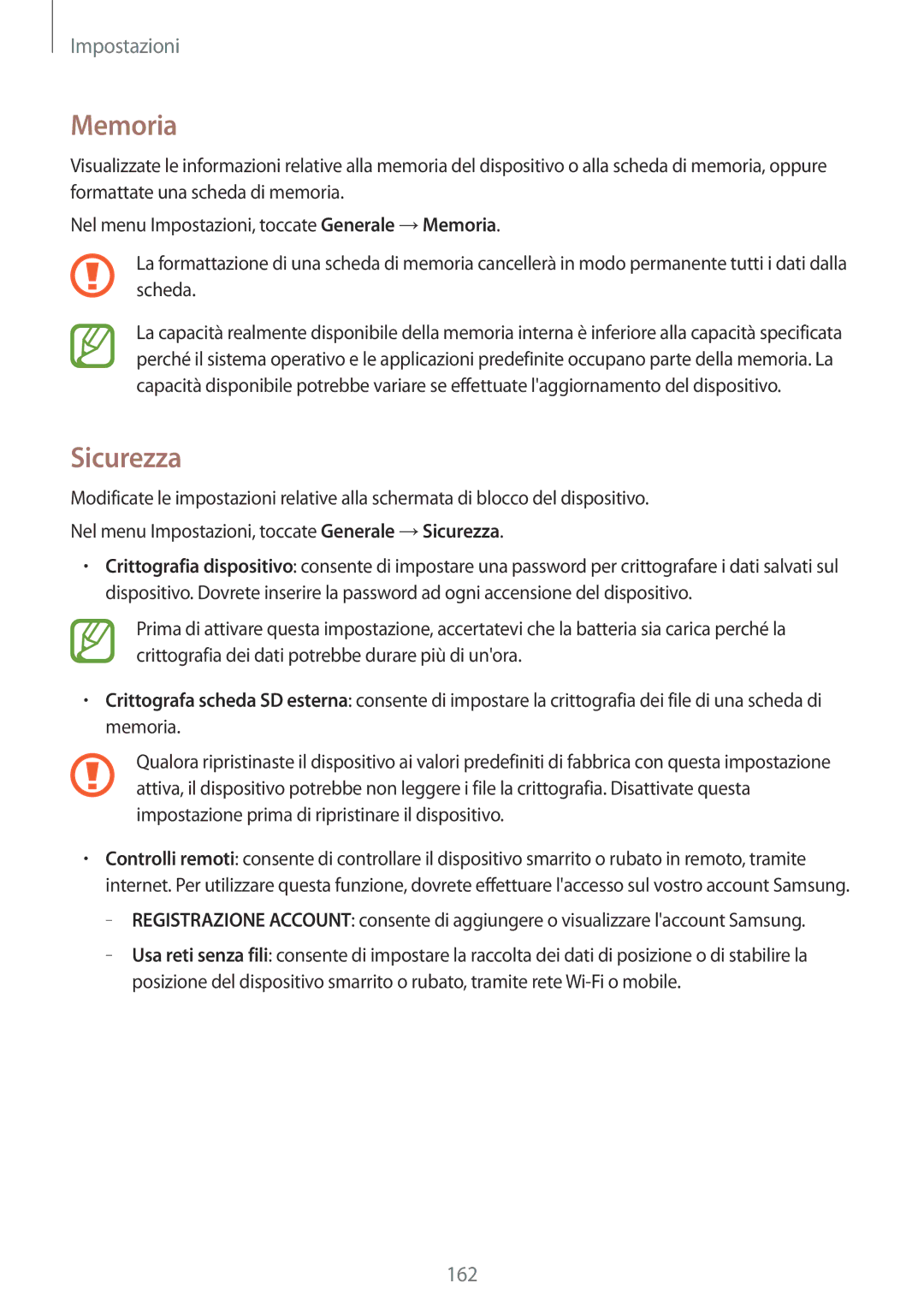 Samsung SM-T800NHAADBT, SM-T800NZWADBT, SM-T800NZWATUR, SM-T800NTSAITV, SM-T800NZWAXEO, SM-T800NTSAAUT manual Memoria, Sicurezza 