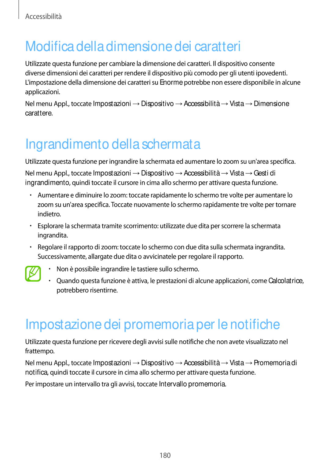 Samsung SM-T800NZWAXEO, SM-T800NZWADBT manual Modifica della dimensione dei caratteri, Ingrandimento della schermata 