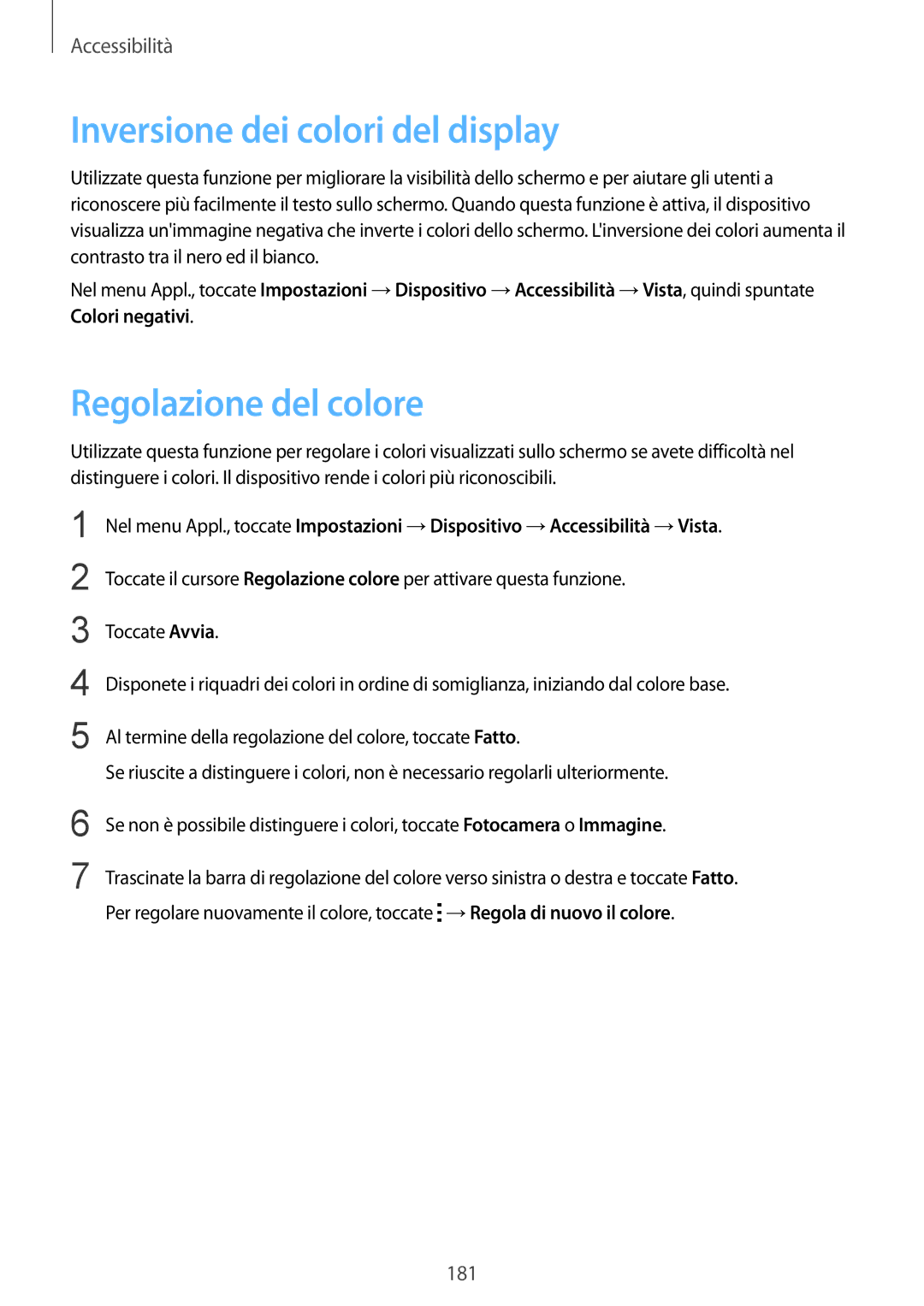 Samsung SM-T800NTSAAUT, SM-T800NZWADBT, SM-T800NZWATUR manual Inversione dei colori del display, Regolazione del colore 