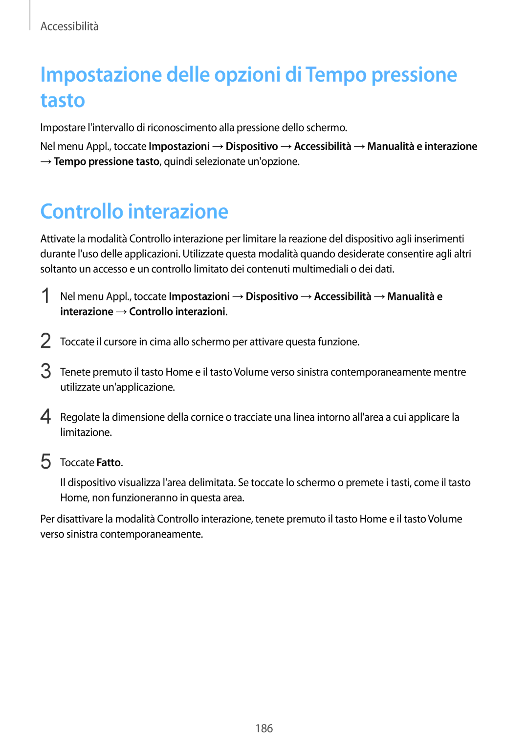 Samsung SM-T800NHAADBT, SM-T800NZWADBT manual Impostazione delle opzioni di Tempo pressione tasto, Controllo interazione 