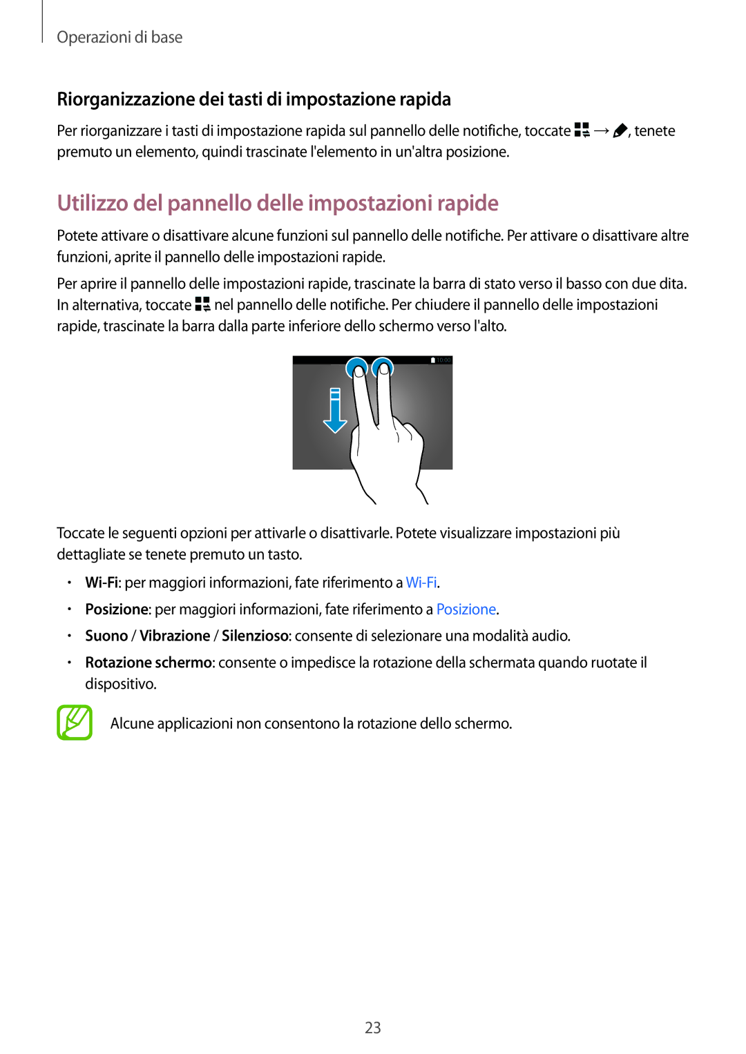 Samsung SM-T800NZWAITV Utilizzo del pannello delle impostazioni rapide, Riorganizzazione dei tasti di impostazione rapida 