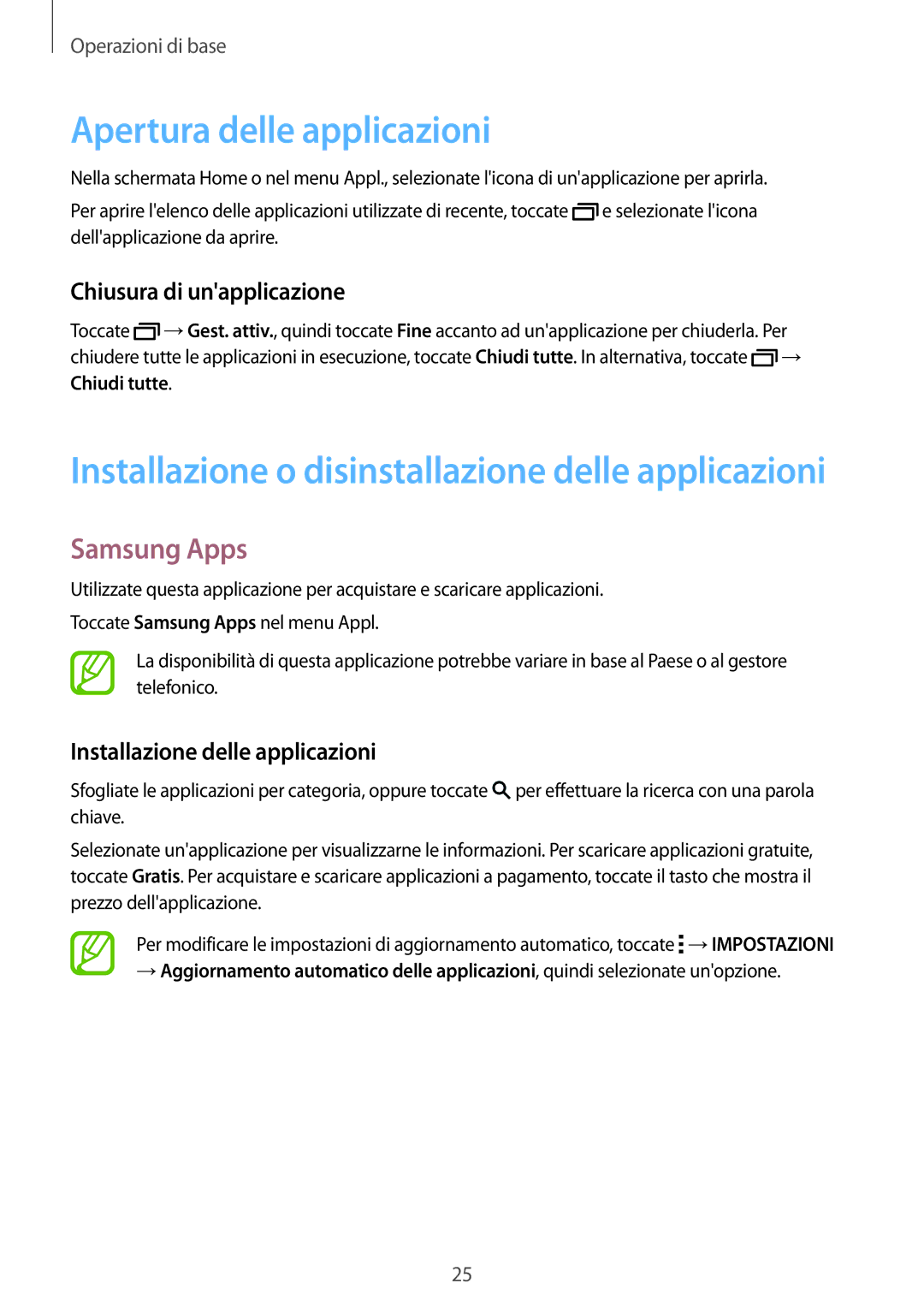 Samsung SM-T800NZWATUR, SM-T800NZWADBT manual Apertura delle applicazioni, Samsung Apps, Chiusura di unapplicazione 