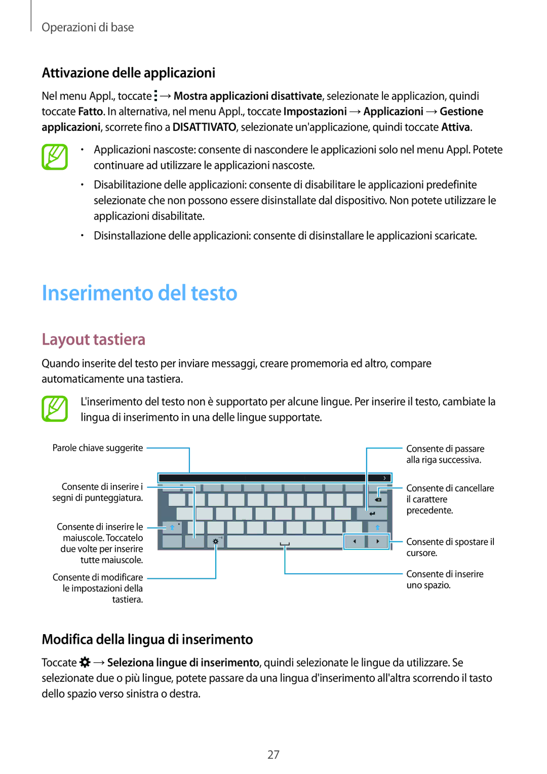 Samsung SM-T800NTSAITV, SM-T800NZWADBT manual Inserimento del testo, Layout tastiera, Attivazione delle applicazioni 