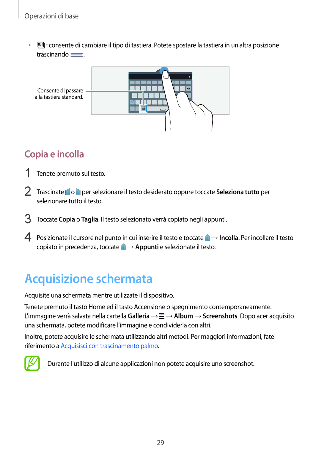 Samsung SM-T800NTSAAUT, SM-T800NZWADBT, SM-T800NZWATUR, SM-T800NHAADBT manual Acquisizione schermata, Copia e incolla 