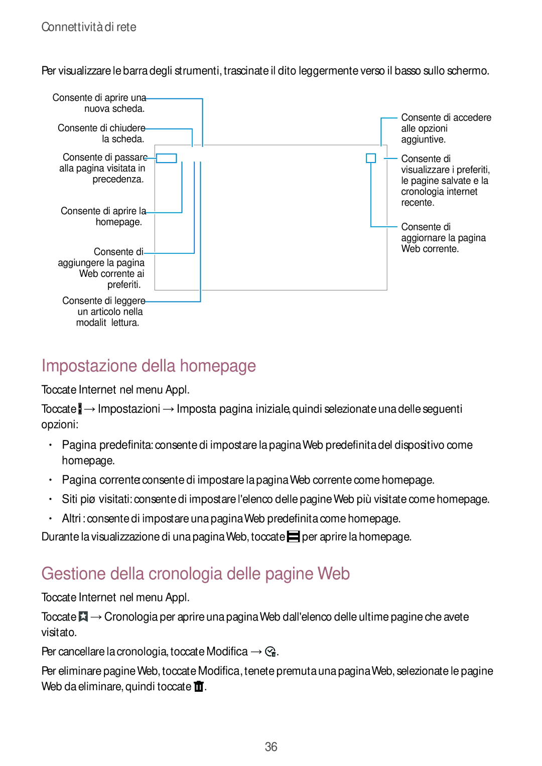 Samsung SM-T800NZWAXEO, SM-T800NZWADBT manual Impostazione della homepage, Gestione della cronologia delle pagine Web 