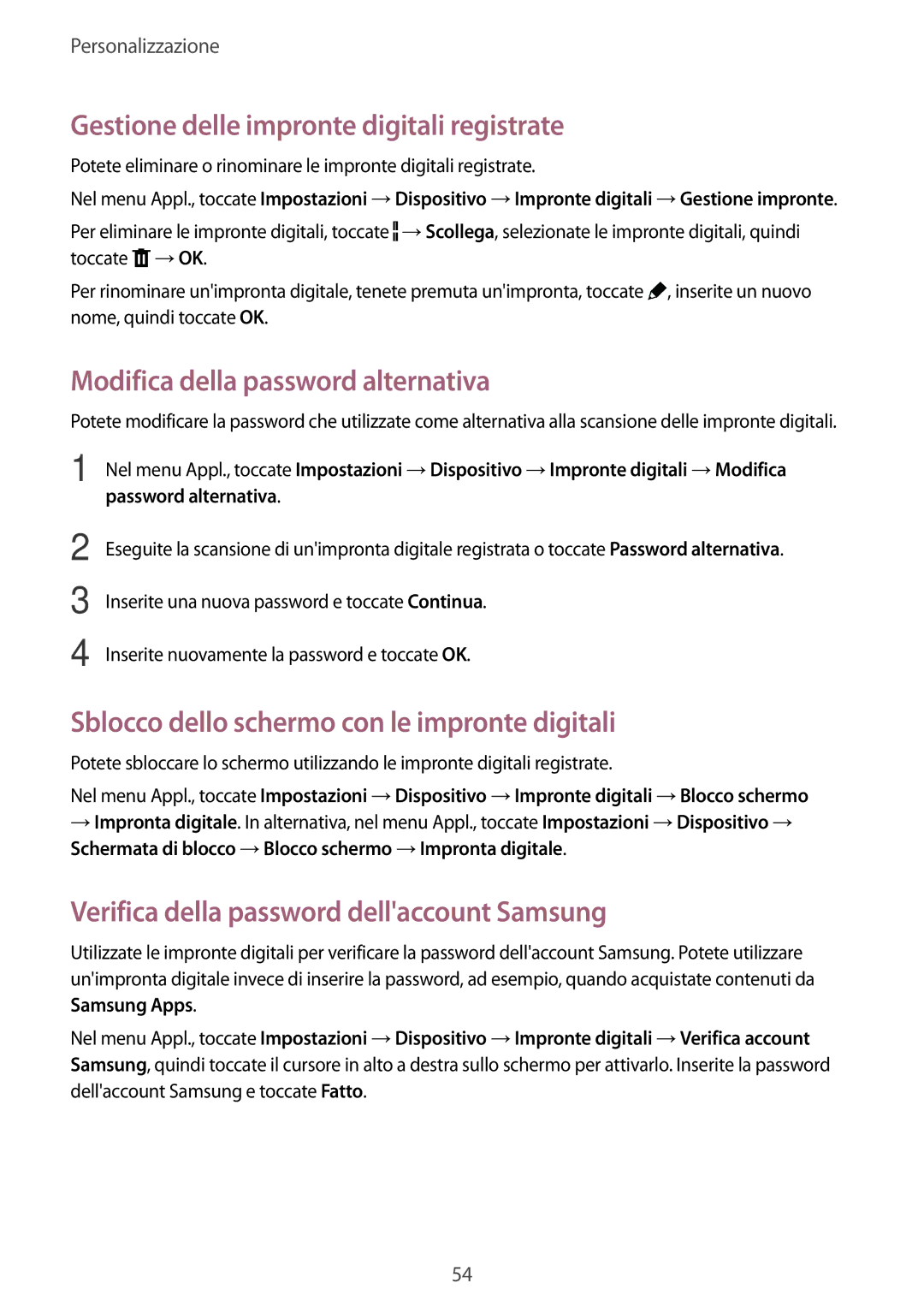 Samsung SM-T800NZWAAUT, SM-T800NZWADBT Gestione delle impronte digitali registrate, Modifica della password alternativa 