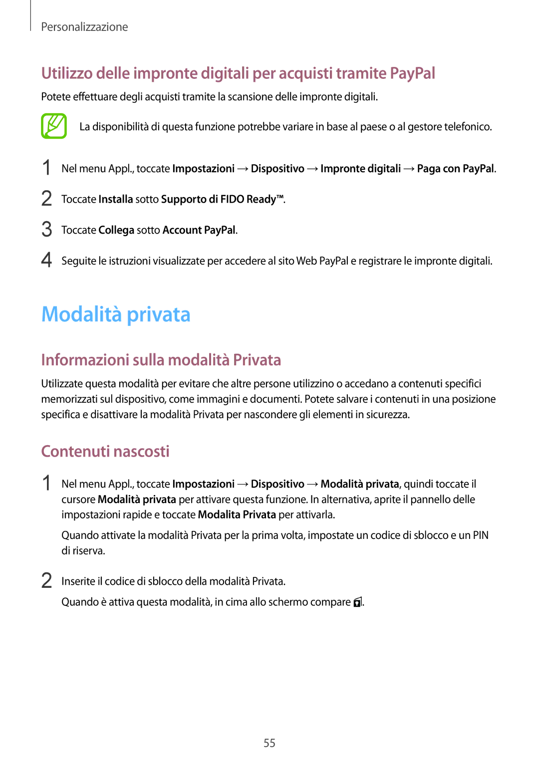 Samsung SM-T800NZWAITV, SM-T800NZWADBT manual Modalità privata, Informazioni sulla modalità Privata, Contenuti nascosti 