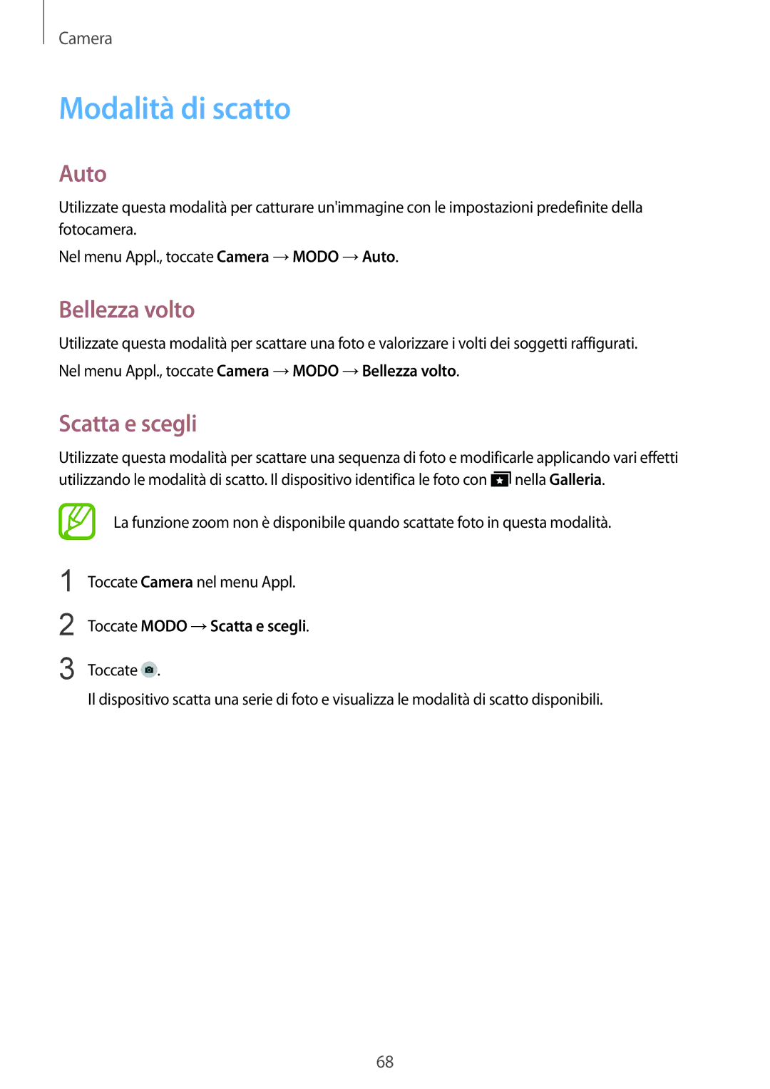 Samsung SM-T800NZWAXEO, SM-T800NZWADBT manual Modalità di scatto, Auto, Bellezza volto, Toccate Modo →Scatta e scegli 