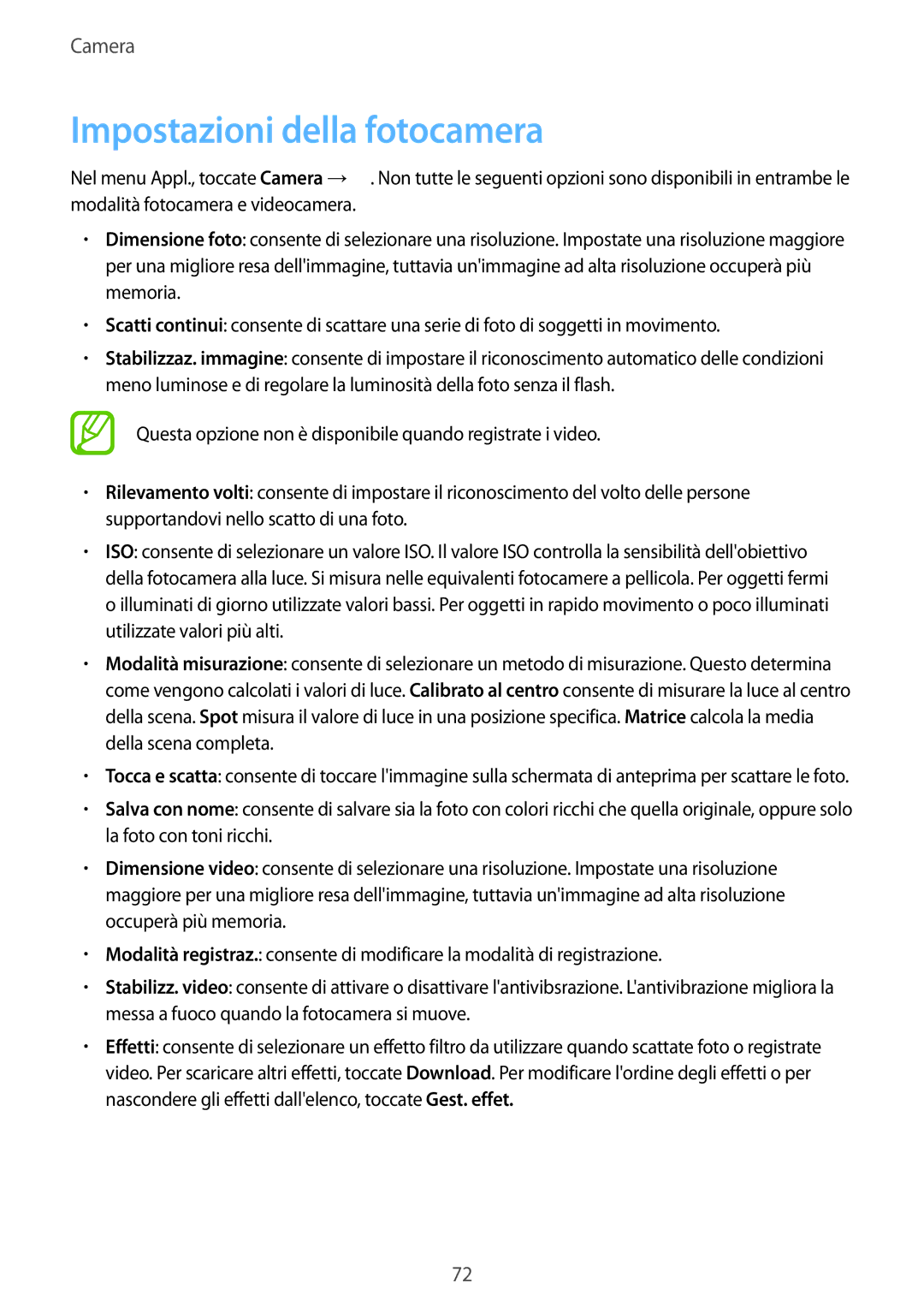 Samsung SM-T800NZWADBT, SM-T800NZWATUR, SM-T800NHAADBT, SM-T800NTSAITV, SM-T800NZWAXEO manual Impostazioni della fotocamera 