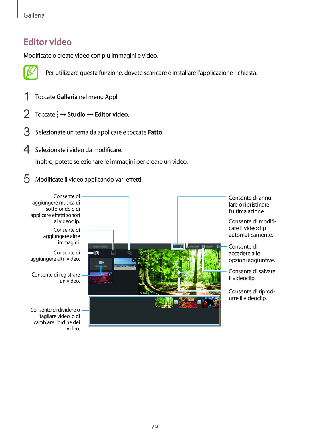 Samsung SM-T800NZWAITV, SM-T800NZWADBT, SM-T800NZWATUR, SM-T800NHAADBT, SM-T800NTSAITV manual Toccate →Studio →Editor video 