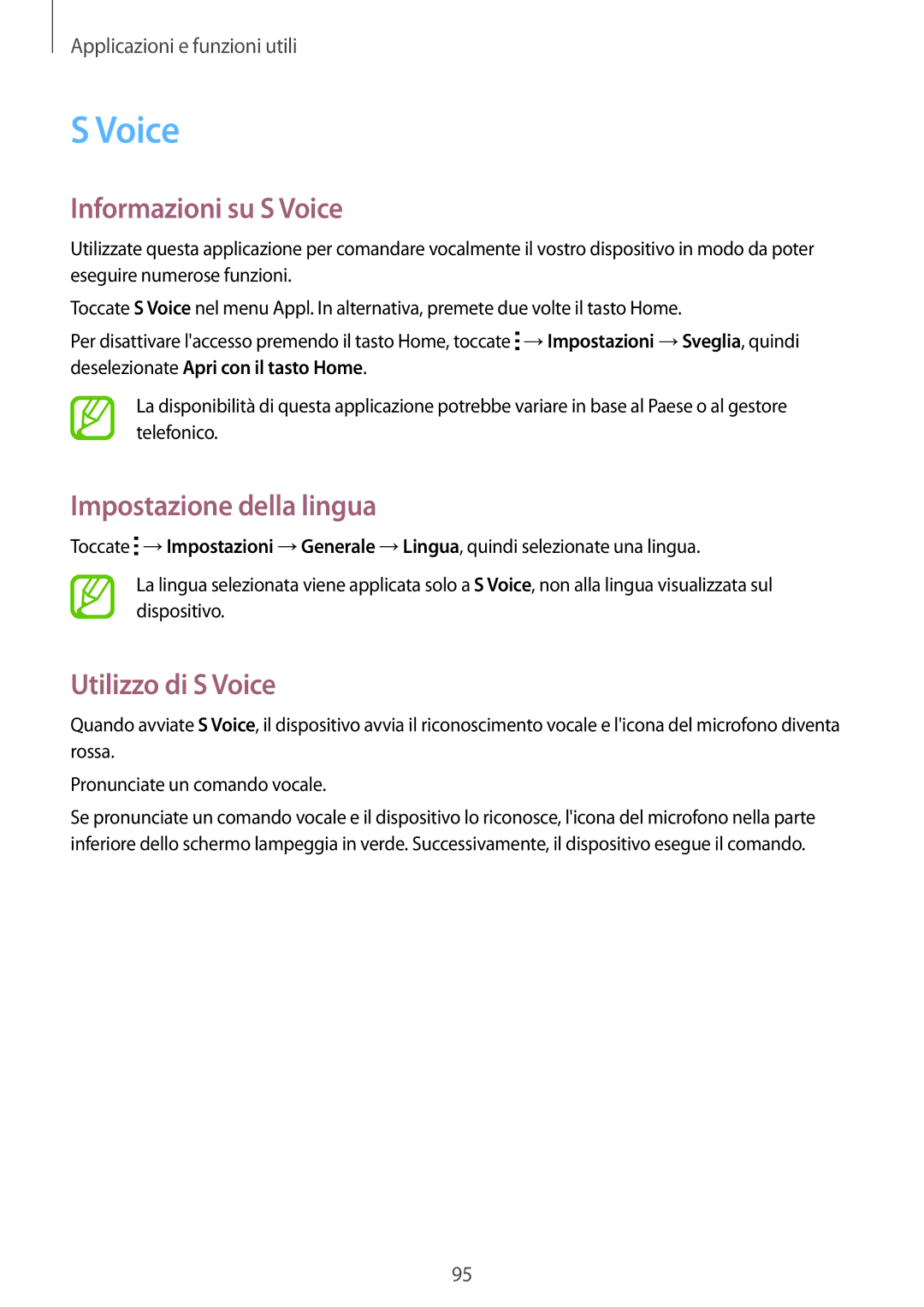 Samsung SM-T800NZWAITV, SM-T800NZWADBT manual Informazioni su S Voice, Impostazione della lingua, Utilizzo di S Voice 