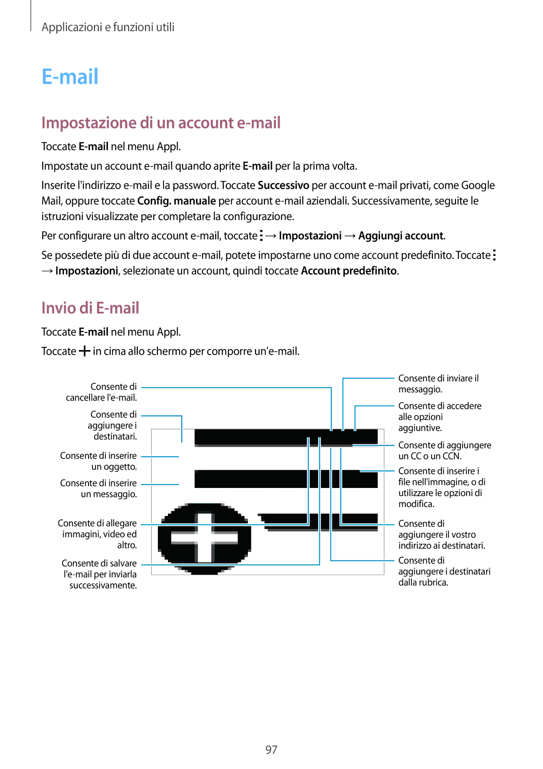 Samsung SM-T800NZWATUR, SM-T800NZWADBT, SM-T800NHAADBT manual Mail, Impostazione di un account e-mail, Invio di E-mail 