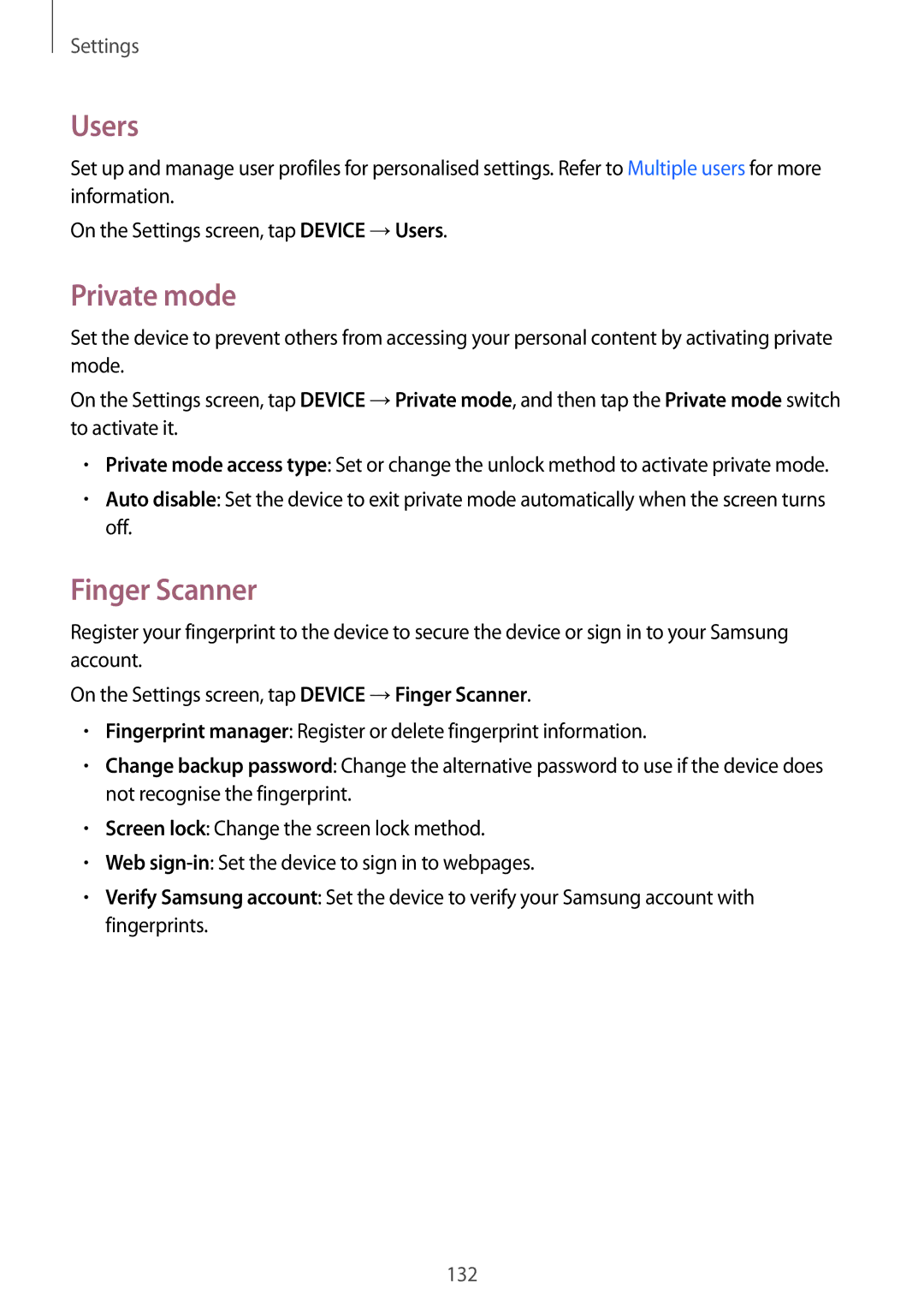 Samsung SM-T800NTSADBT, SM-T800NZWAEUR, SM-T700NZWAXEO, SM-T700NZWASEB, SM-T700NZWADBT Users, Private mode, Finger Scanner 