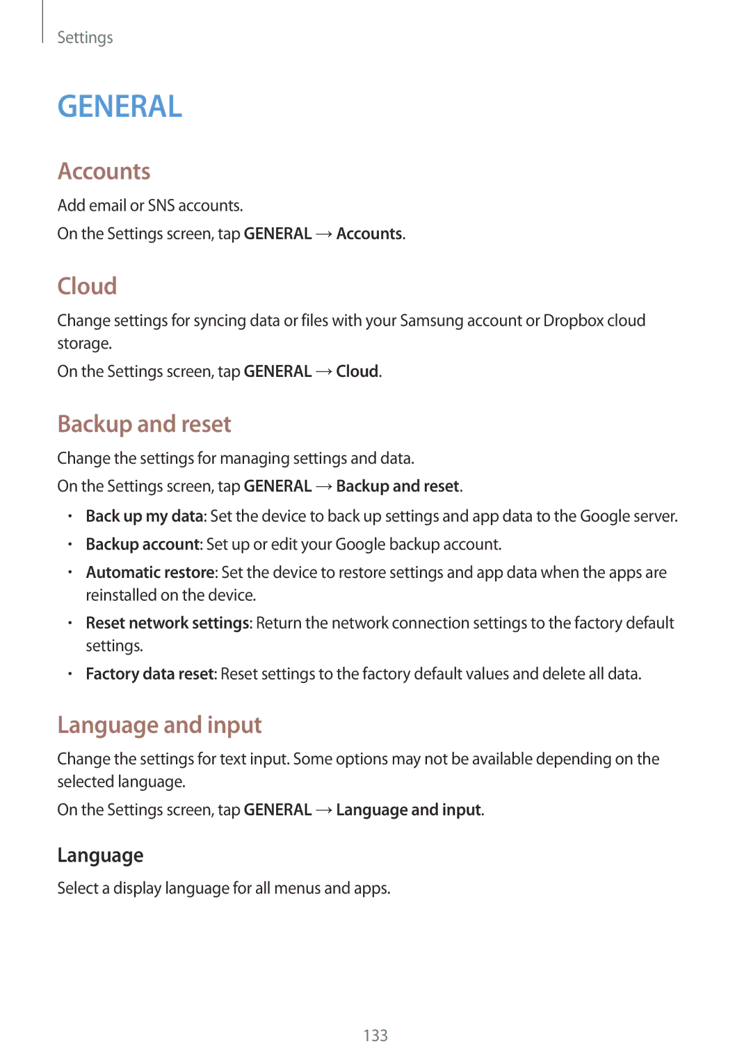 Samsung SM-T700NZWAATO, SM-T800NZWAEUR, SM-T700NZWAXEO, SM-T700NZWASEB Accounts, Cloud, Backup and reset, Language and input 