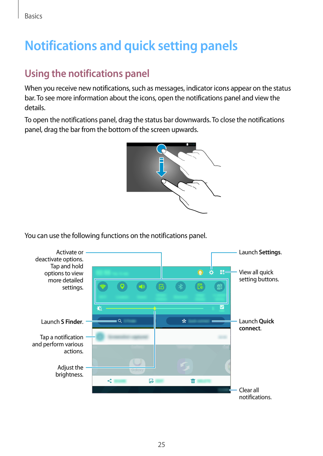 Samsung SM-T800NTSADBT, SM-T800NZWAEUR manual Notifications and quick setting panels, Using the notifications panel 