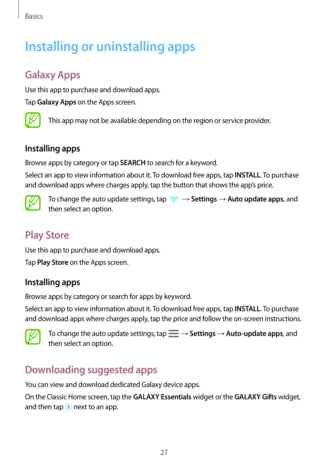 Samsung SM-T700NTSASEB manual Installing or uninstalling apps, Galaxy Apps, Play Store, Downloading suggested apps 