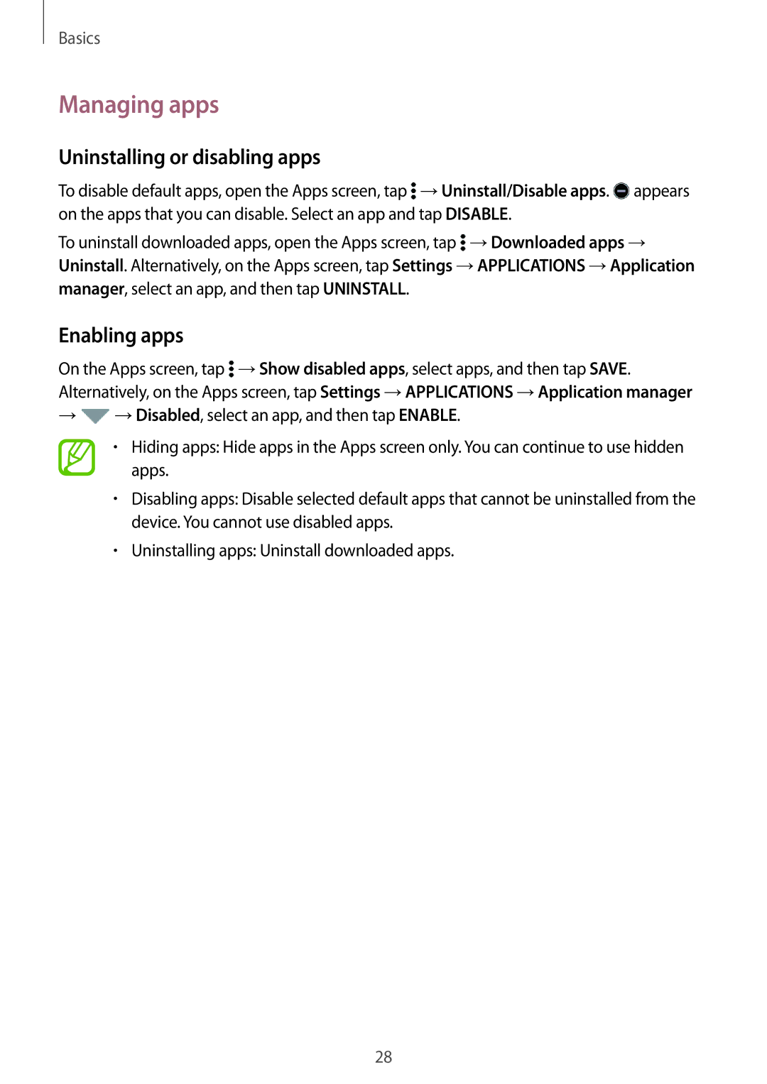 Samsung SM-T800NZWAATO, SM-T800NZWAEUR, SM-T700NZWAXEO manual Managing apps, Uninstalling or disabling apps, Enabling apps 