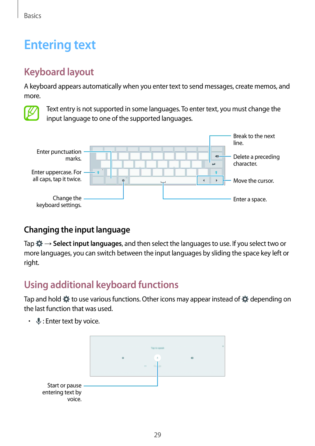 Samsung SM-T800NHAADBT Entering text, Keyboard layout, Using additional keyboard functions, Changing the input language 